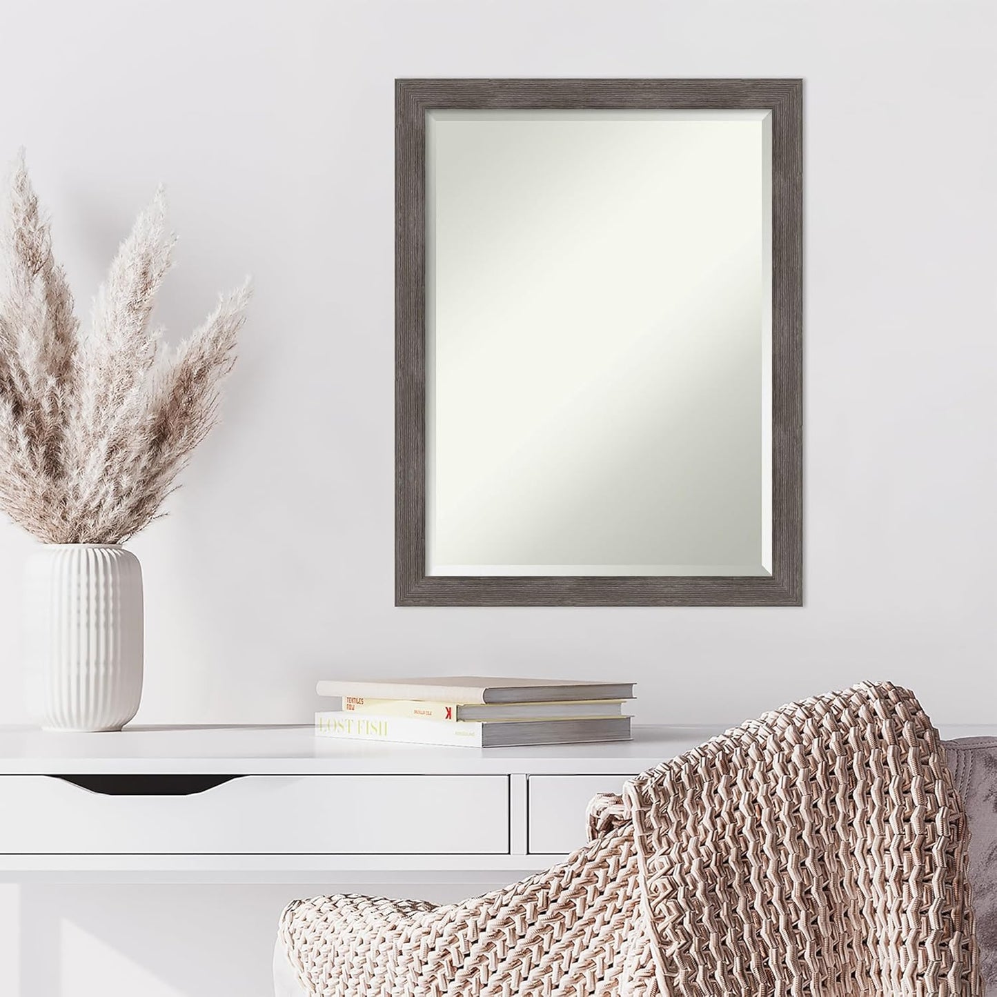 Amanti Art Grey Wall Mirror 27x21 Pinstripe Lead Grey Rectangle Bathroom Mirror for Wall Decor Living Room, Medium Modern Contemporary Wood Frame, Hangs Horizonally and Vertically, Bathroom Decor