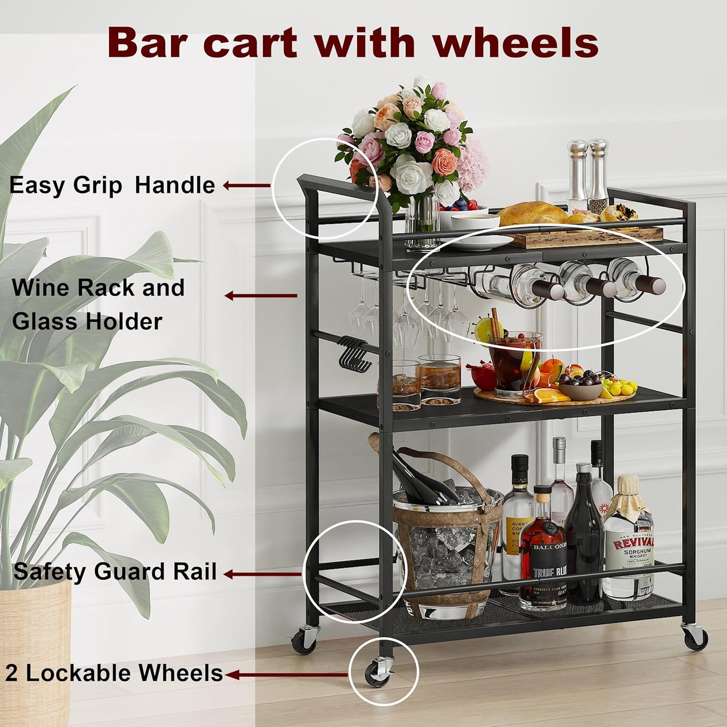 3 Tier Bar Cart, Home Bar Serving Cart with Wheels, Small Rolling Beverage Cart with Glass Holders, Mini Drink Cart with Wine Rack for Kitchen Dining Living Room Black GBC507B