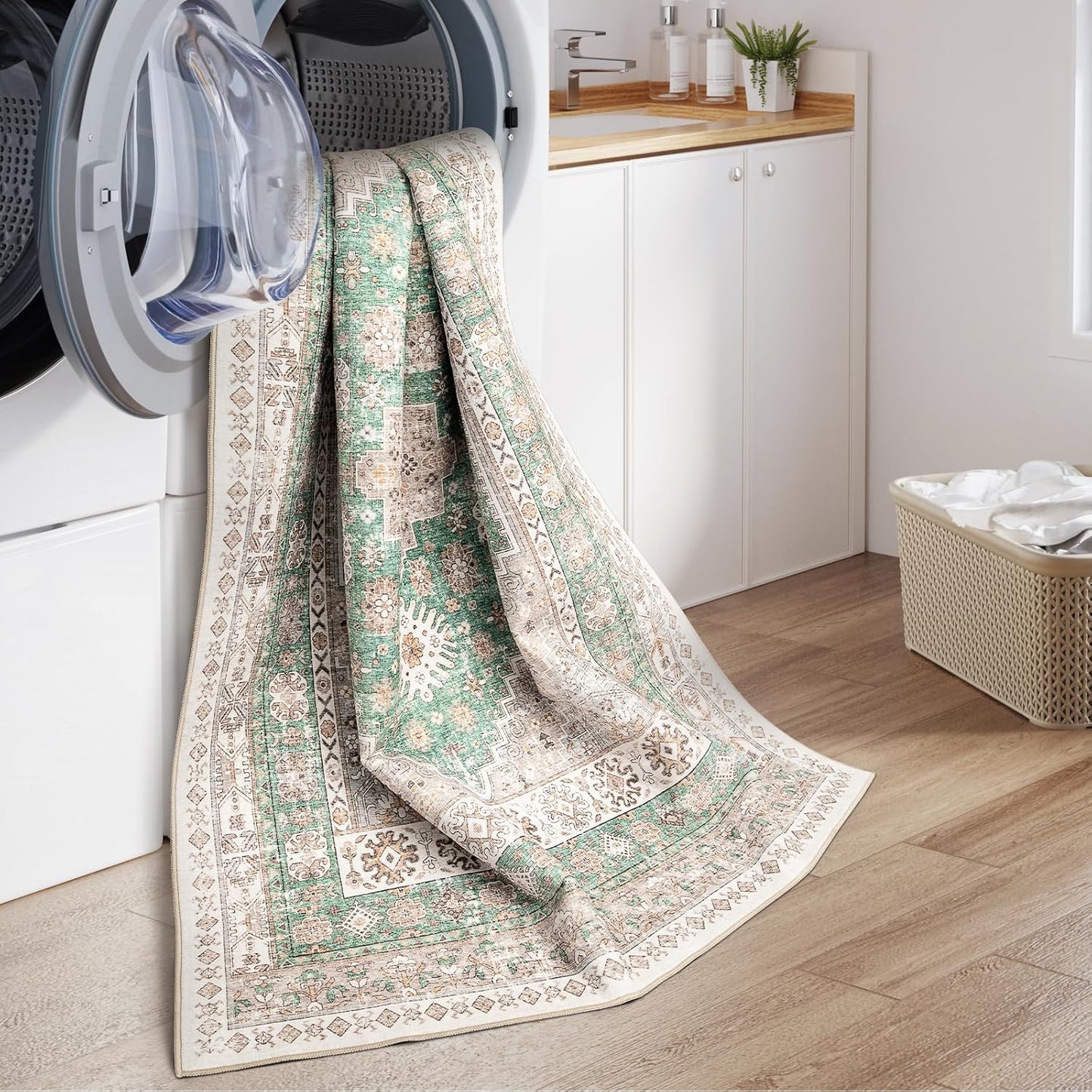 zesthome 6x9 Area Rug, Super Soft Washable Rugs for Living Room, Non-Slip Stain Resistant Vintage Rugs, Ultra-Thin Large Area Rugs (Green/Brown,6'x9')