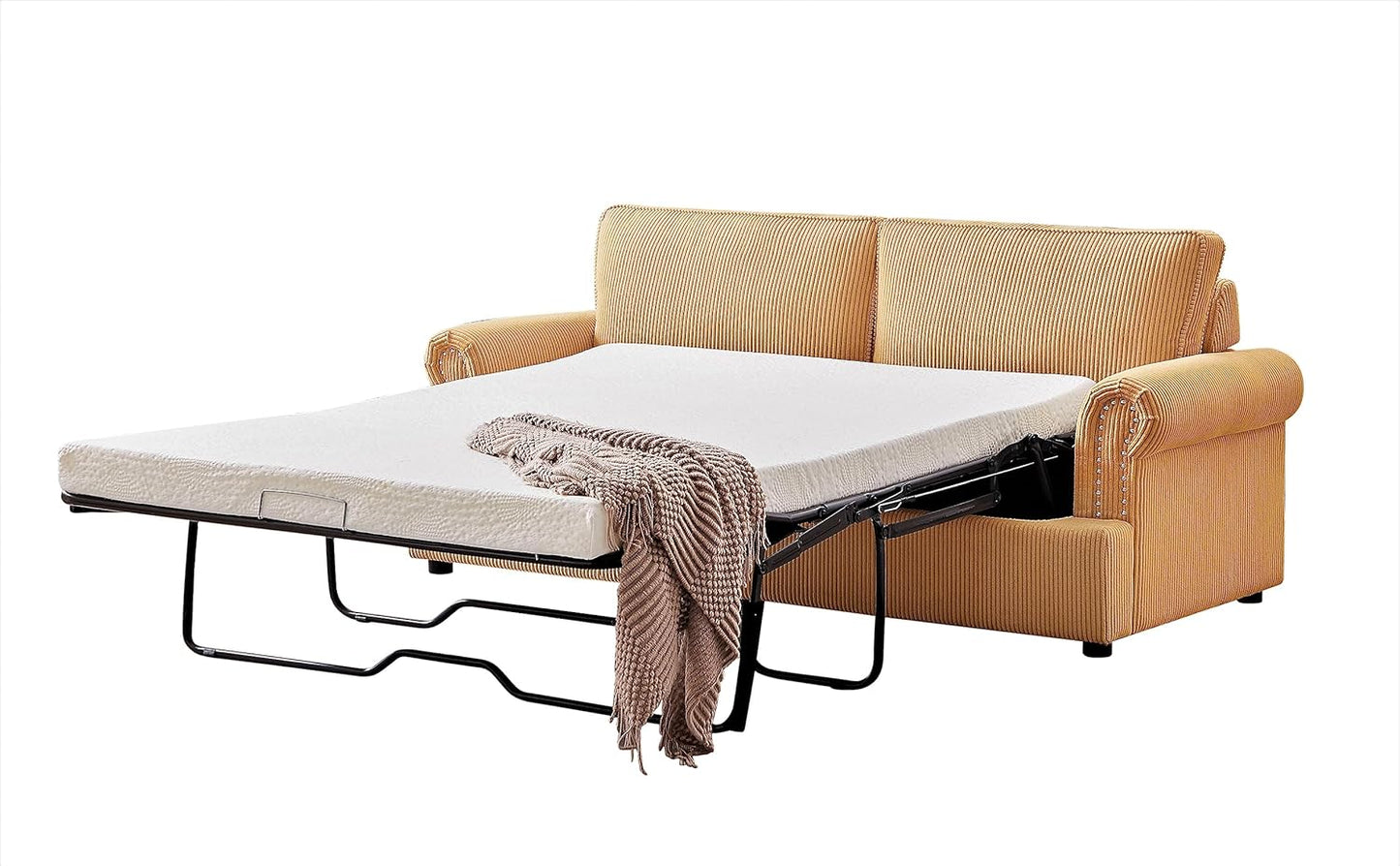 Reversible Sleeper Sofa Bed with Comfortable Memory Foam Mattress, Convertible Corduroy Full Size Pull Out Couch for Living Room, Space Saving Furniture, 72" Wide, Rounded Arms, Ginger