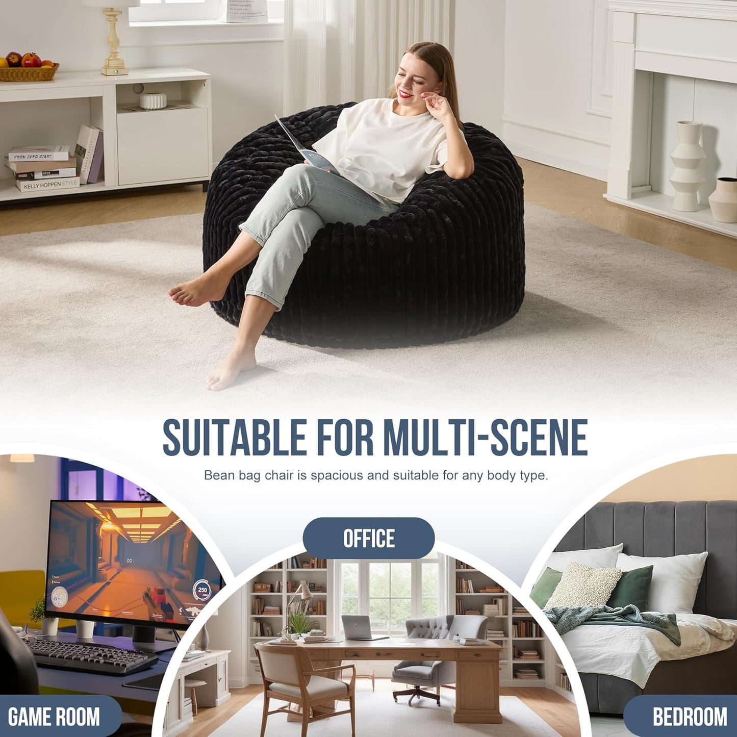 Hobestluk 3ft Bean Bag Chairs for Adults Large Beanbag Chair with Stripe Plush Cover Big Bean Bag Chair for Living Room Bedroom Dorm Office - Black (36” x 36” x 22”)