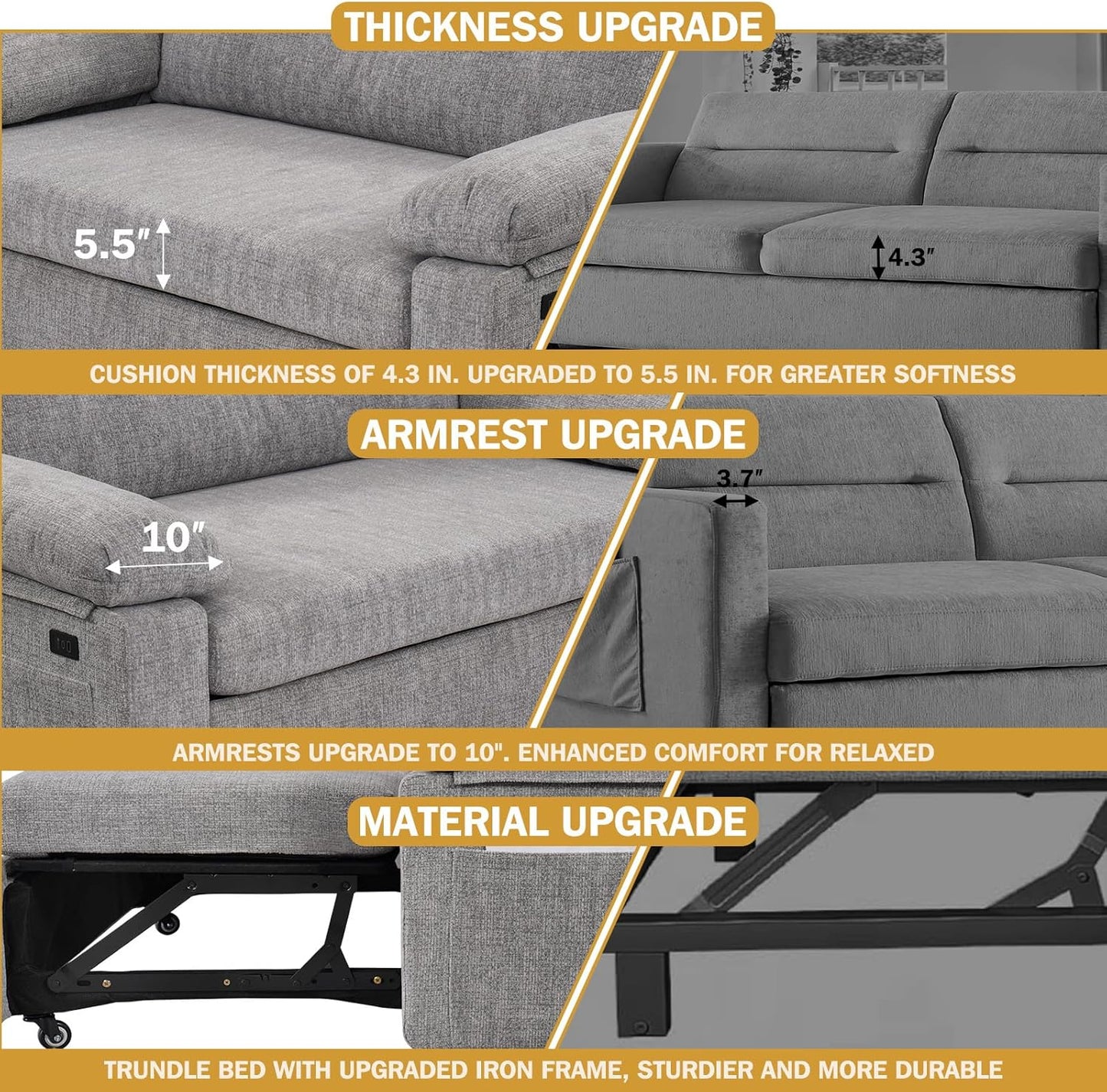 Vipbear 58" Convertible Sofa Bed, 3-in-1 Pull Out Sleeper Sofa with USB Ports & Adjustable Backrest, Loveseat with Side Pocket for Living Room, Apartment, Tool-Free Assembly, Chenile Light Grey