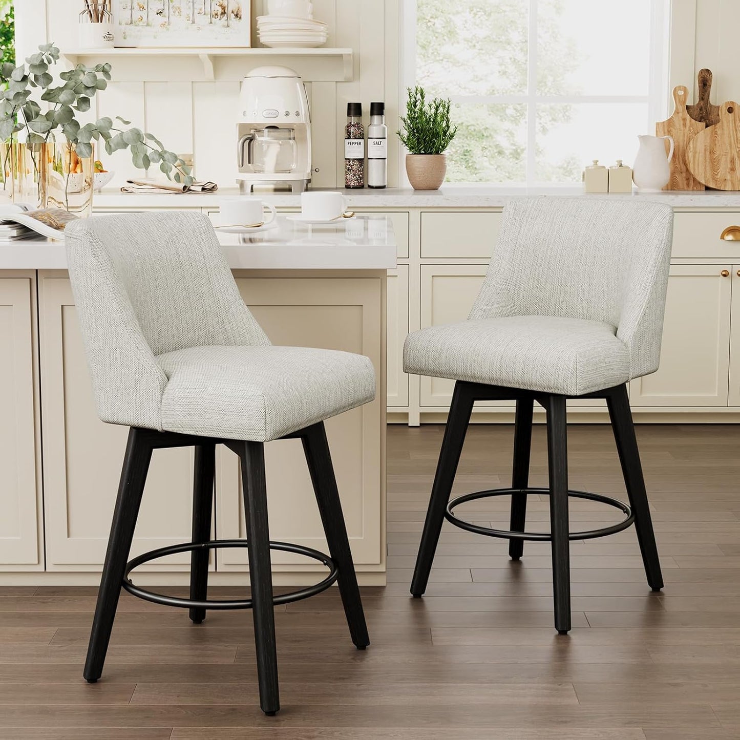 Vipbear Swivel Counter Height Bar Stools Set of 4,26.8" H Counter Stools with Back, Mid Century Modern Bar Stools for Kitchen Island,Linen Fabric,Wooden Base, White