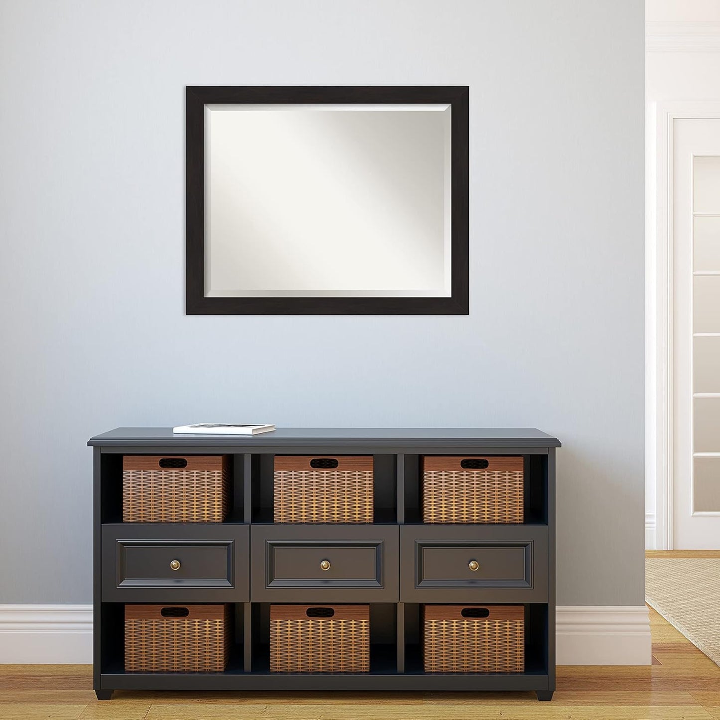 Amanti Art Brown Wall Mirror 26x32 Furniture Espresso Narrow Rectangle Bathroom Mirror for Wall Decor Living Room, Large Casual Frame, Hangs Horizonally and Vertically, Bathroom Decor, Beveled Edge