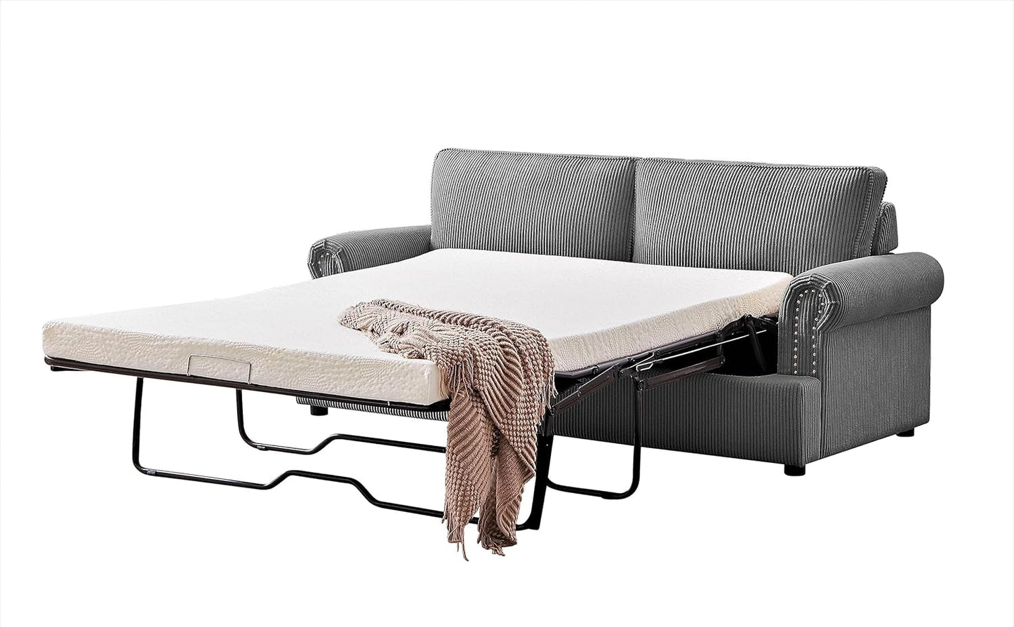 Reversible Sleeper Sofa Bed with Comfortable Memory Foam Mattress, Convertible Corduroy Full Size Pull Out Couch for Living Room, Space Saving Furniture, 72" Wide, Rounded Arms, Grey