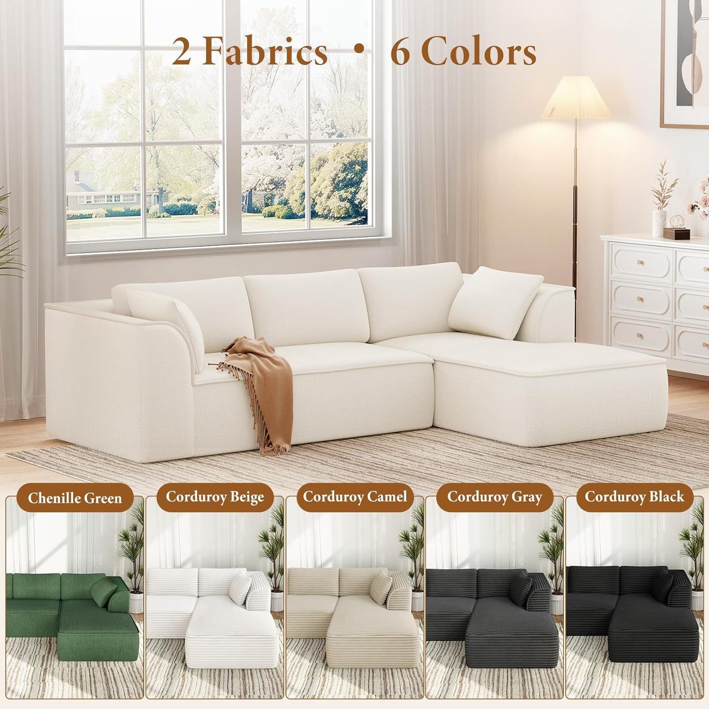 Vesgantti 106" Cloud Sectional Couch with Chaise, Deep Seat Modular Sectional Sofa Chenille Memory Foam Sofa Boneless Couches for Living Room Bedroom, No Assembly Required (Beige, Right-Facing Chaise)