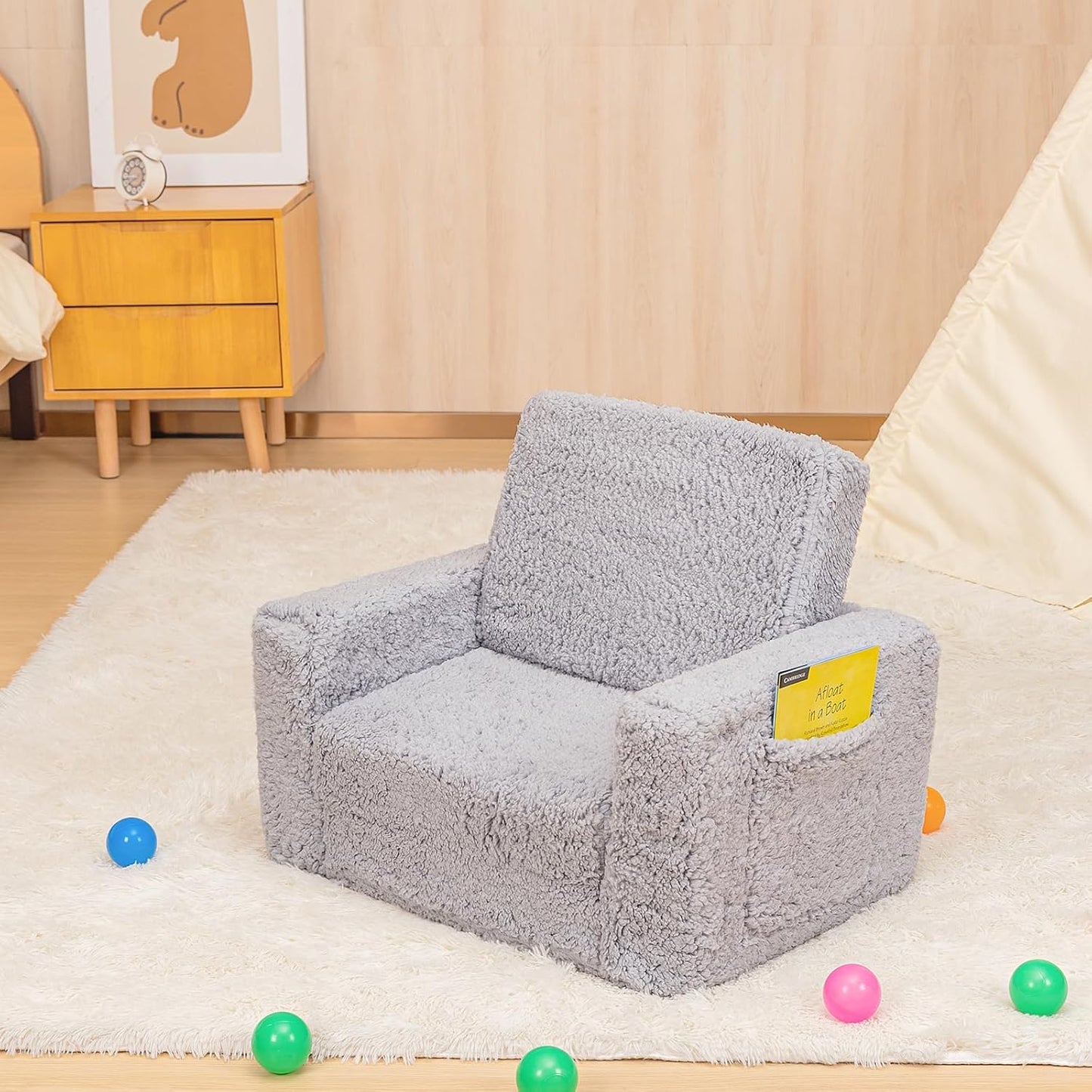 SLIGUY Toddler Couch & Chair - Convertible Sofa to Lounger, Pull Out Couch with Sherpa Cover in Dark Grey