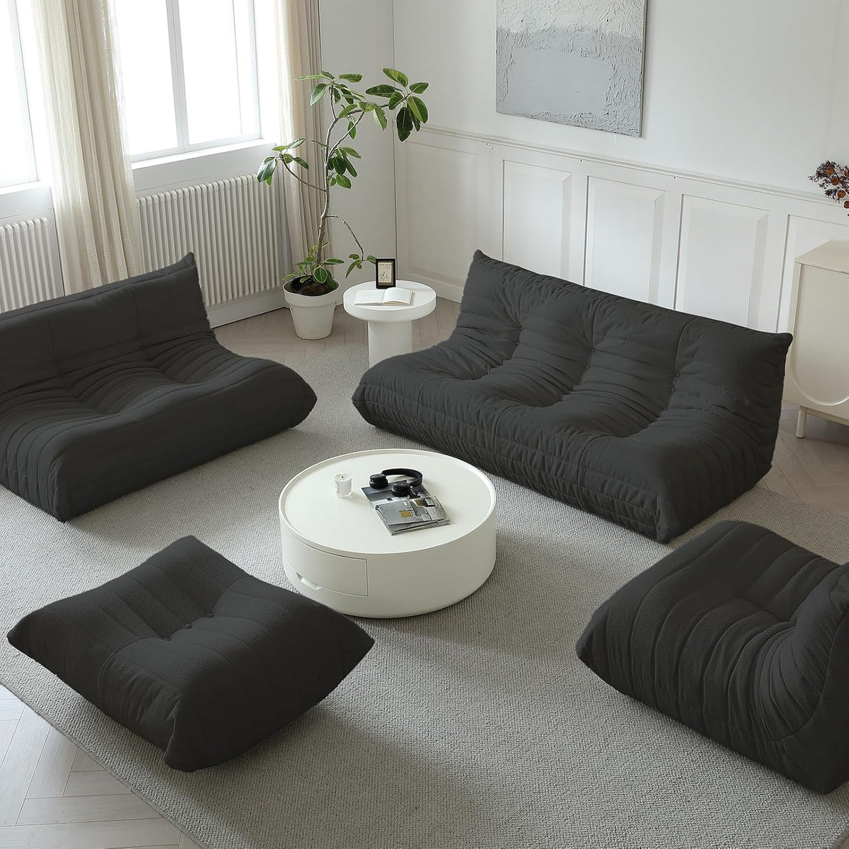 Luxury Ottomans, Modern Square Foot Rest for Sofa Couch Chair, Lazy Floor Seating, Fireside Bean Bag Chair, Tatami Sofa Lounger for Living Room, Bedroom, Office, Black