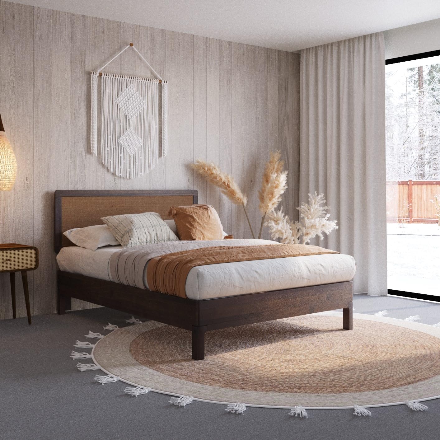 Bme Nipe Full 14 Inch Bohemian Bed Frame with Adjustable Wicker Headboard - Rustic & Vintage Unique Style with Acacia Wood - No Box Spring Needed - Easy Assembly - Walnut