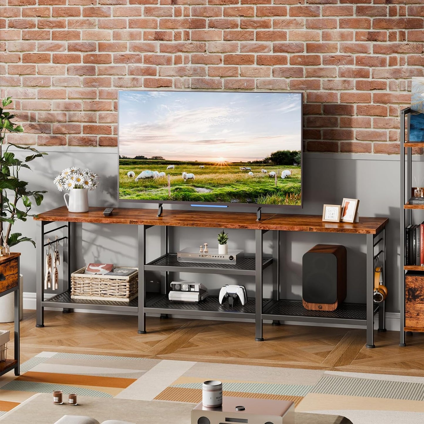 Furologee TV Stand for TVs up to 65 Inch, Entertainment Center with Open Storage Shelves, 55 Inch Television Stands with Soundbar Shelf for Living Room, Bedroom, Rustic Brown