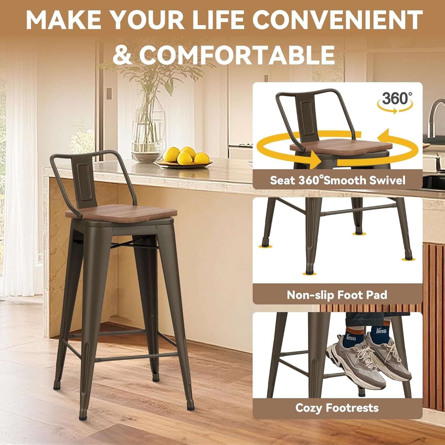30 Inch Swivel Bar Stools Set of 4 with Backs Counter Height Industrial Metal Barstools Island Bar Chairs for Home Kitchen Dining Room (Swivel 30 inch,Rusty Wooden)