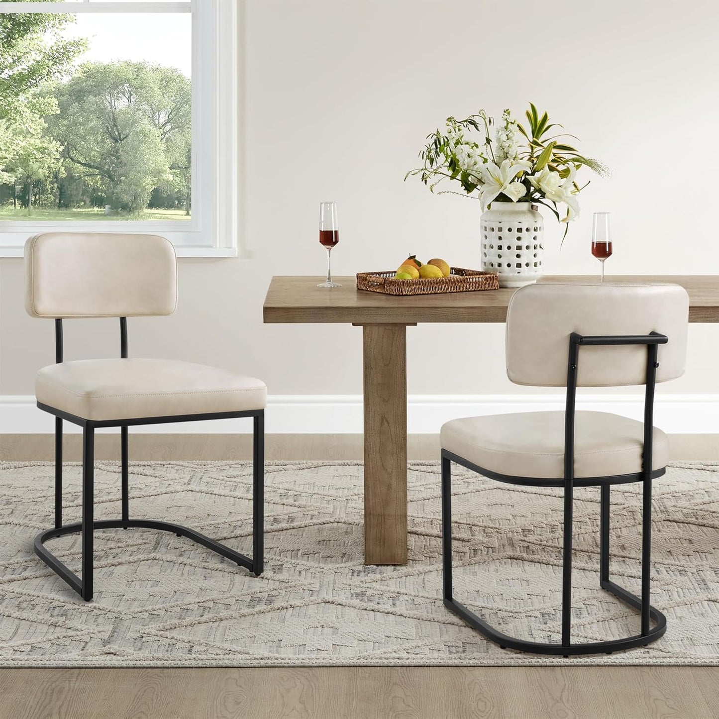 Dining Chairs Set of 6, Upholstered Modern Kitchen Chairs with Ergonomic Backrest, Faux Leather Cushion Seat & Metal Legs for Living Room, Restaurant, and Café, Beige, 2 Boxs