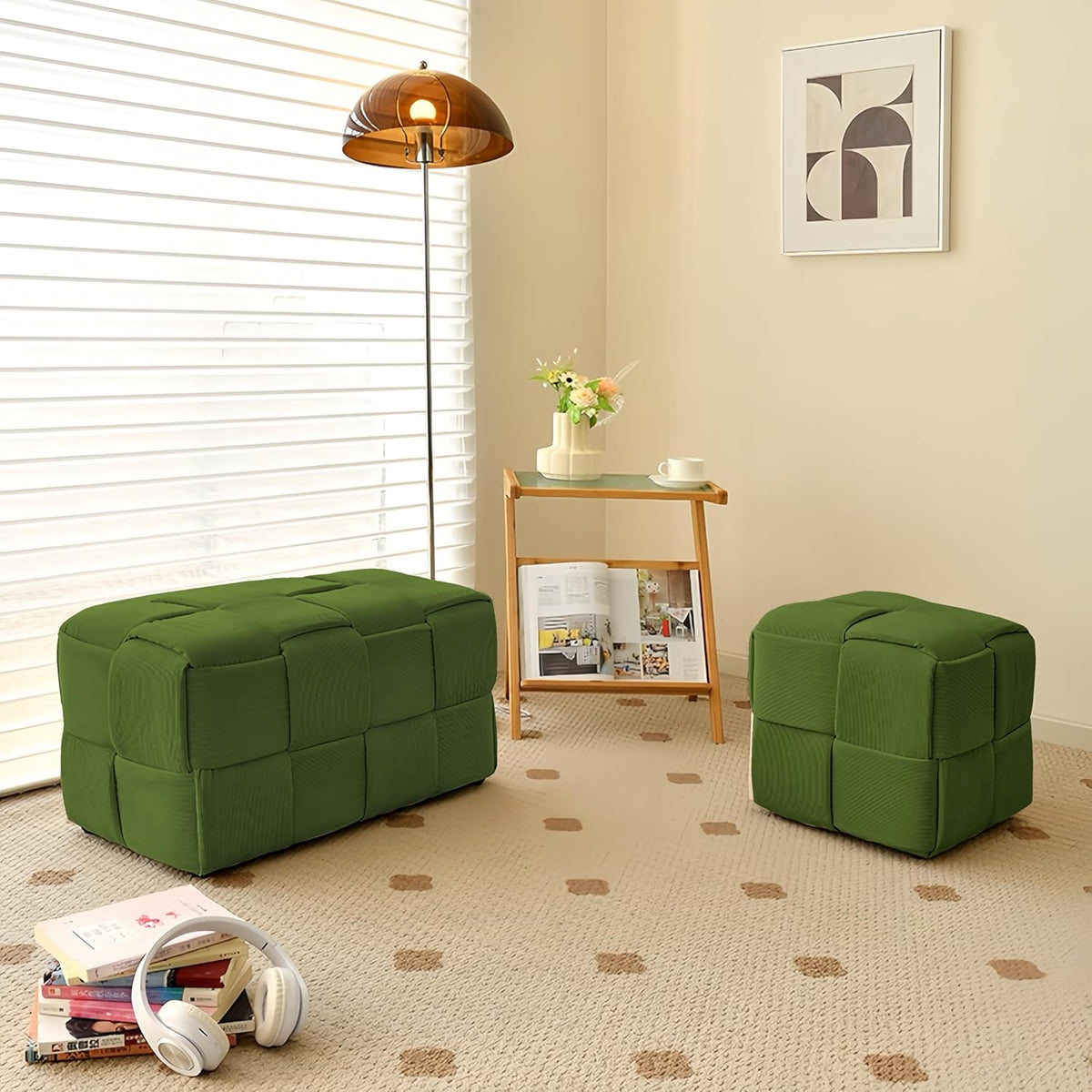 Ottoman Foot Rest Soft and Comfortable Ottoman Square Corduroy Woven Design Sofa Stool (Green-L)