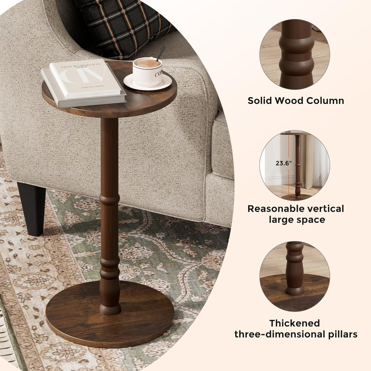 Round Side Tables Set of 2, Solid Wood Pillar with Wood Top & Base, Small Drink Accent Table for Living Room, Bedroom, Sofa & Office, Easy Assembly, Rustic Brown