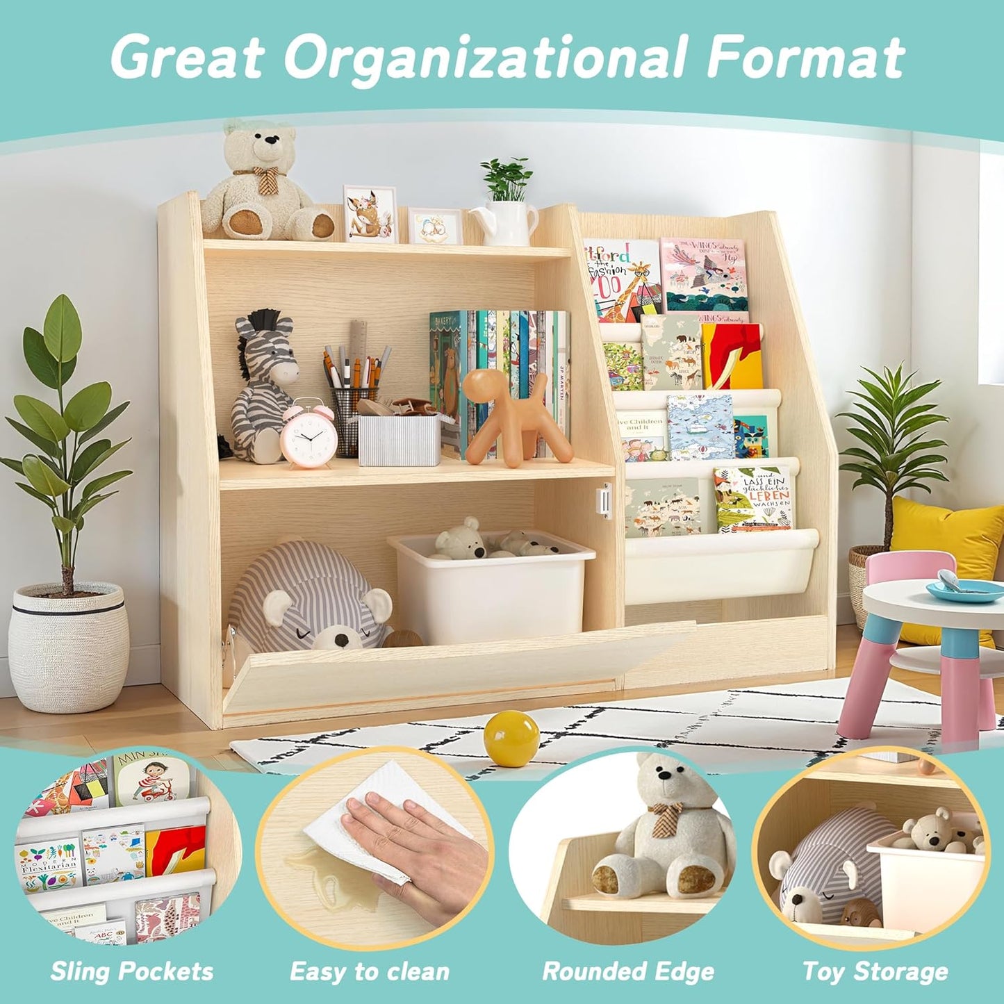 TOETOL 2 Tier Kids Bookshelf and Book Storage,4 Sling Toddler Bookshelf, Storage Boxes Book Shelf & Organizer for Nursery Playroom Classroom Library Bedroom Natural Wood