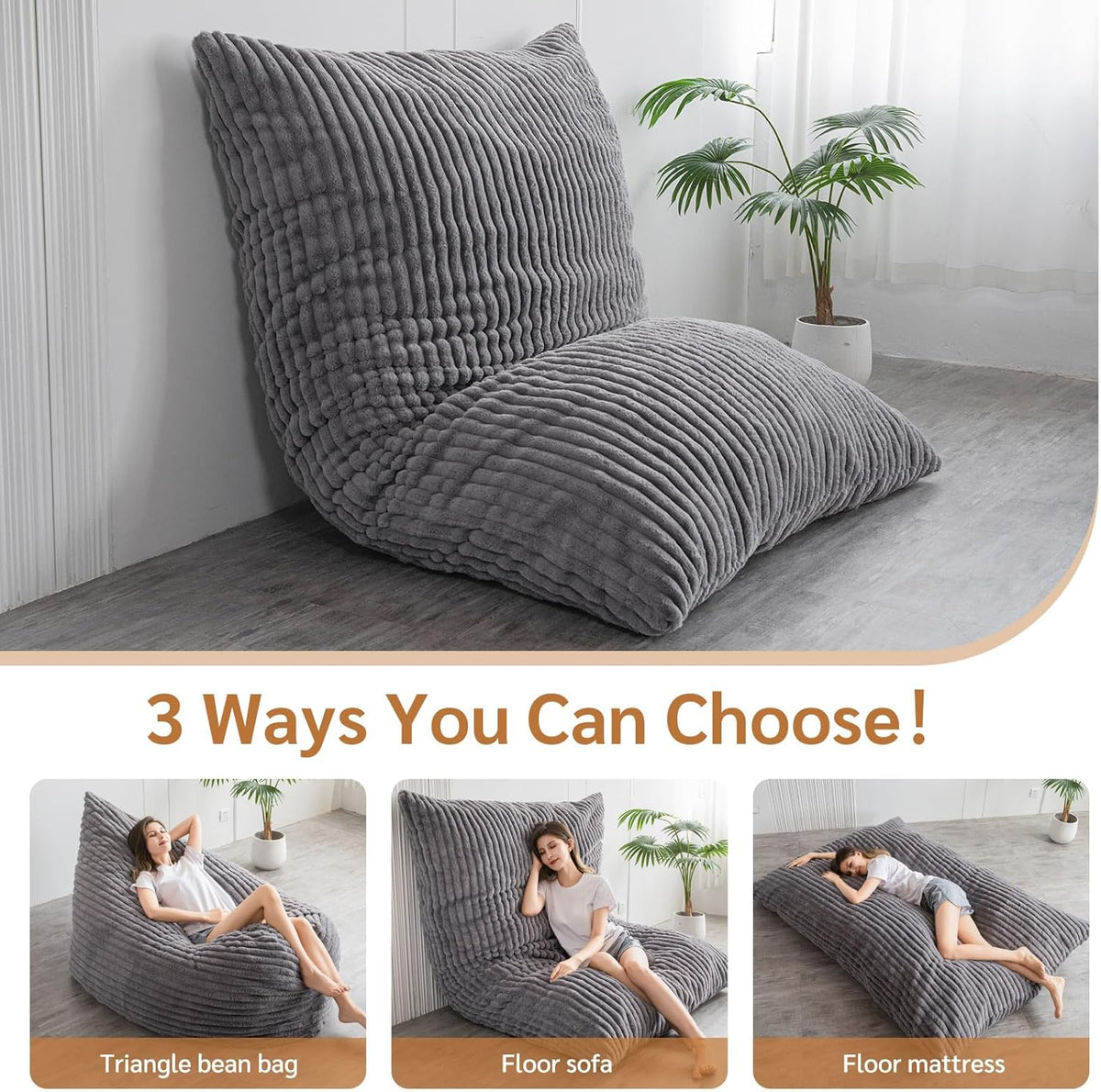 BYBYME 3 in 1 Bean Bag Chairs, Bean Bag Bed for Adults High-Density Foam Filling, Convertible Sofa Bed Faux Fur, Giant Bean Bag Chairs for Adults