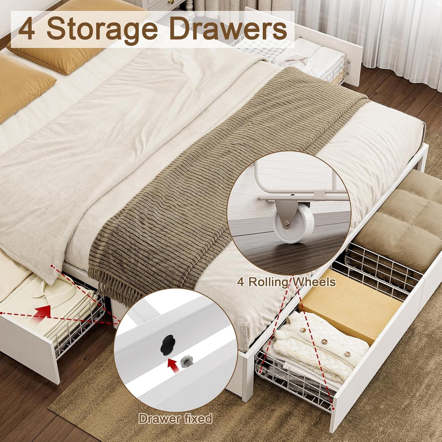 Full Bed Frame with 4 Storage Drawers Bed Frame Full Size with Headboard LED Lights Charging Station Metal Slats Platform Heavy-Duty Support No Box Spring Needed White