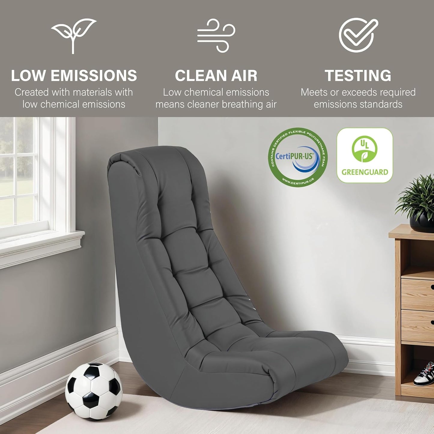 FDP Tufted Floor Rocker for Kids, Teens and Adults; Comfortable, Ergonomic Chair for Reading, Playing Video Games, or Watching TV - Dark Gray, 10488-DG