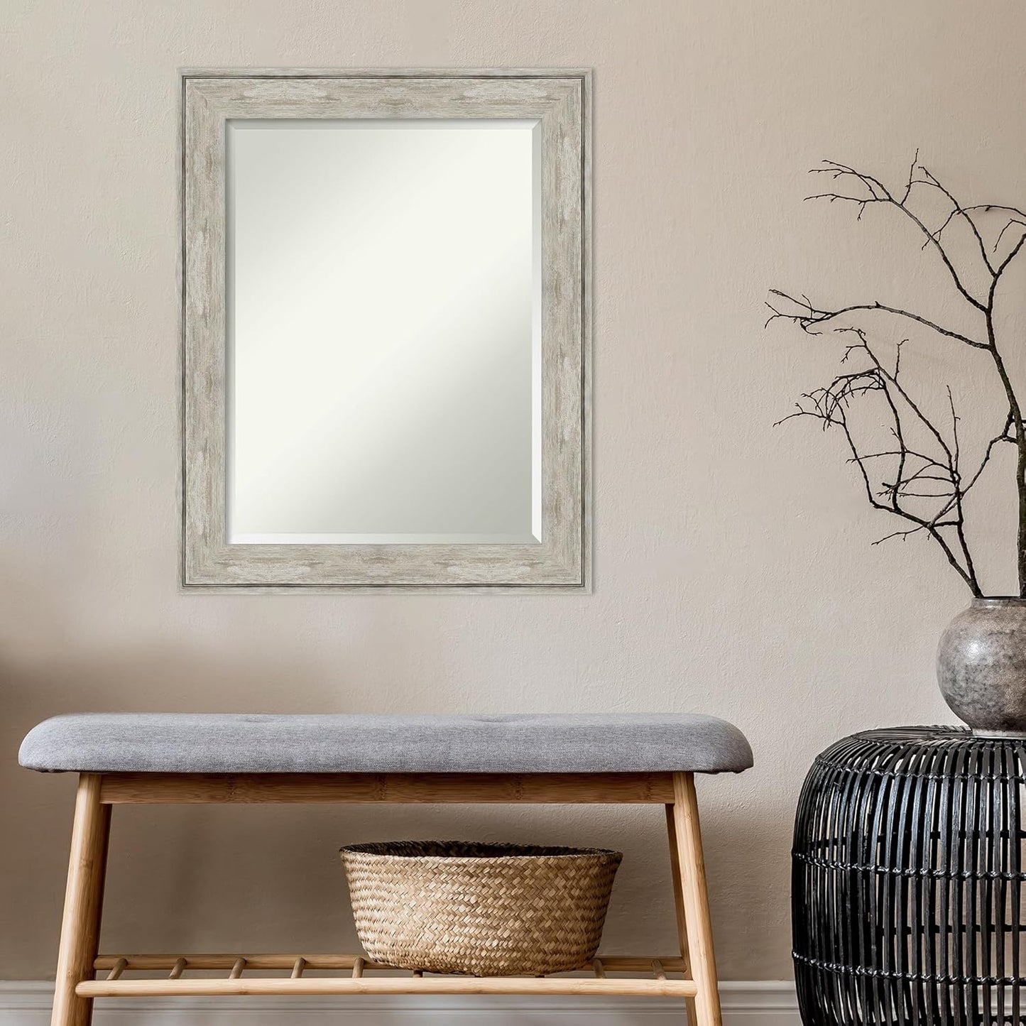 Amanti Art Silver Bathroom Mirror for Over Sink, 29x23 Crackled Metallic Rectangle Vanity Mirror, Medium Rustic Farmhouse Frame, Hangs Horizonally and Vertically, Bathroom Wall Decor, Beveled Edge