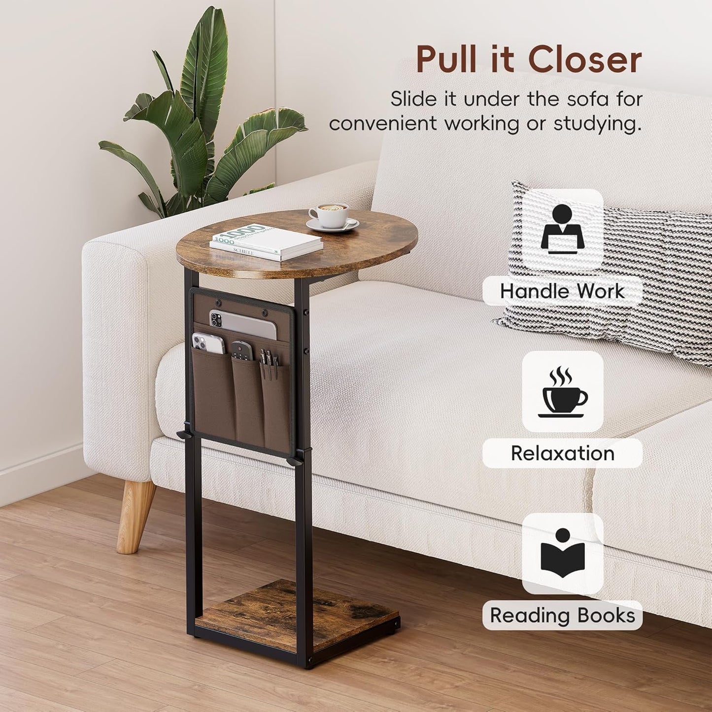 Vagusicc C Shaped End Table, Adjustable Height Small Side Table for Couch and Recliner, 32" Tall Couch Side Table Slide Under Sofa Tray Desk with Storage Bag for Living Room and Bedroom, Brown