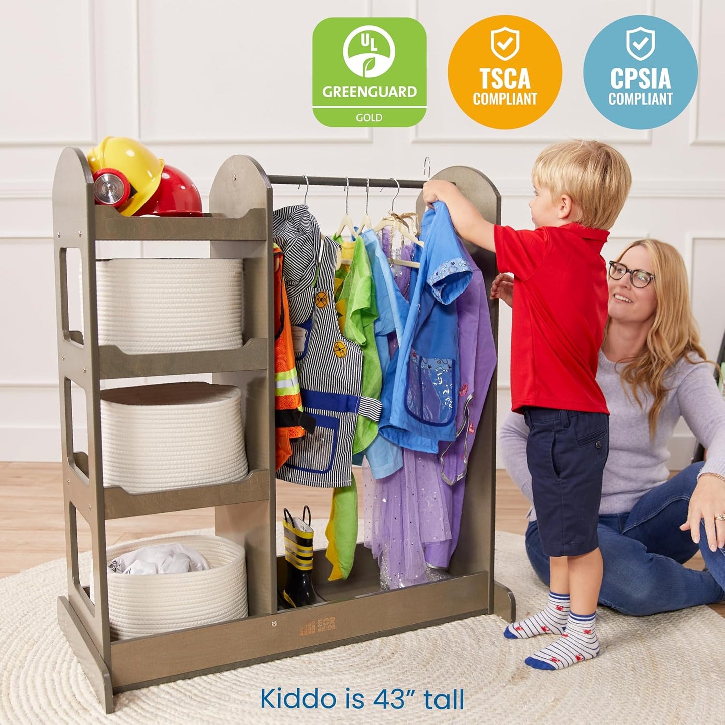 ECR4Kids Dress Up Center with Mirror, Costume Organizer, Grey Wash