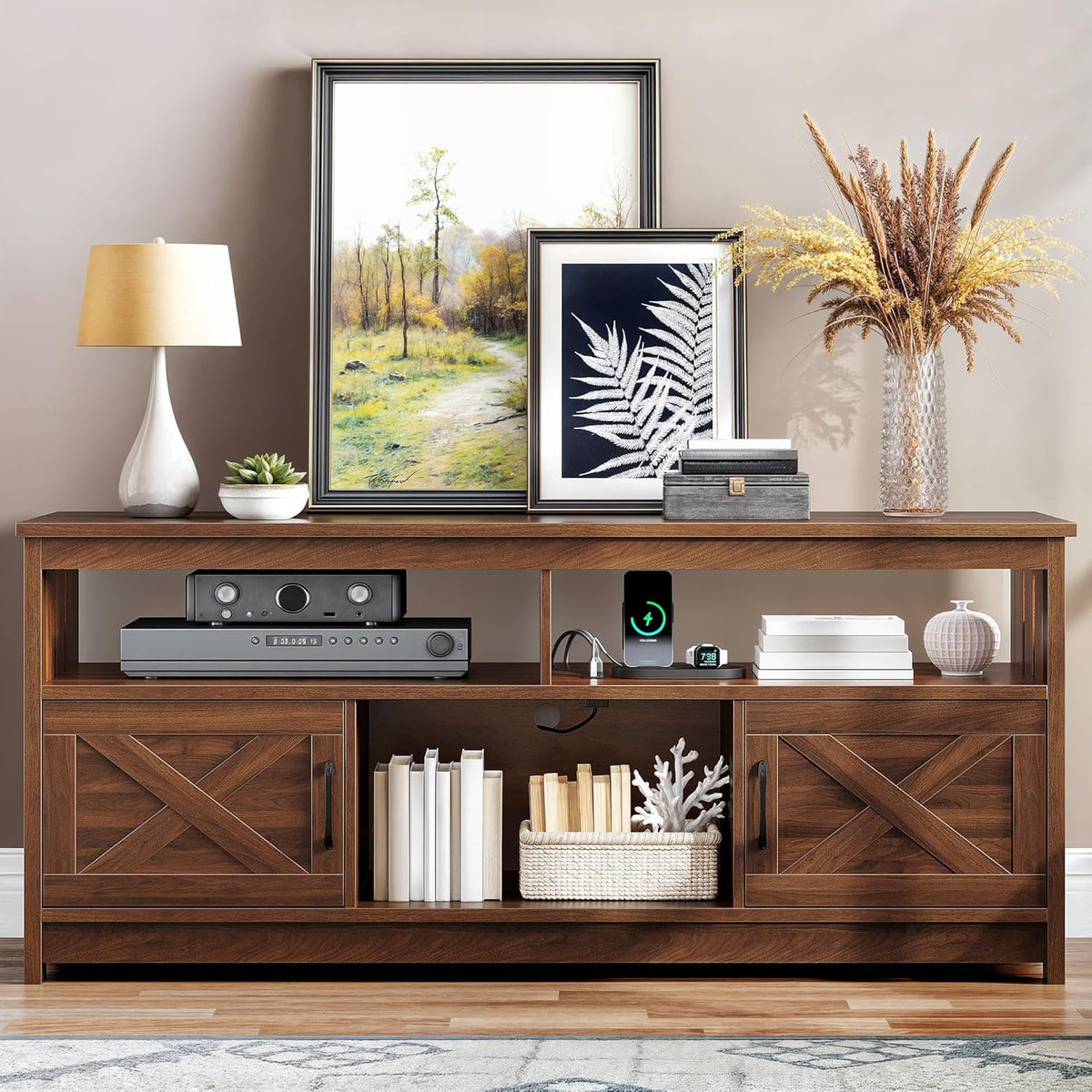 YITAHOME TV Stand for 65/55 Inch TV, Farmhouse Entertainment Center with Storage, Power Outlets and Open Shelf, Media Console TV Cabinet for Living Room, Walnut