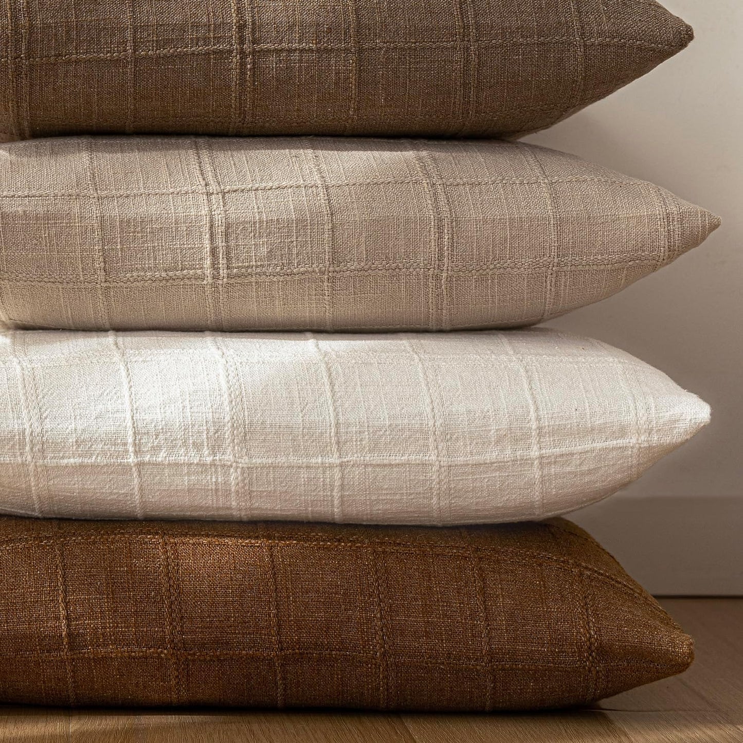 Foindtower Set of 2 Decorative Linen Check Throw Pillow Covers Neutral Farmhouse Vintage Cushion Covers Modern Boho Home Decor for Sofa Chair Couch Bedroom Living Room Outdoor,26×26 Inch,Cream White