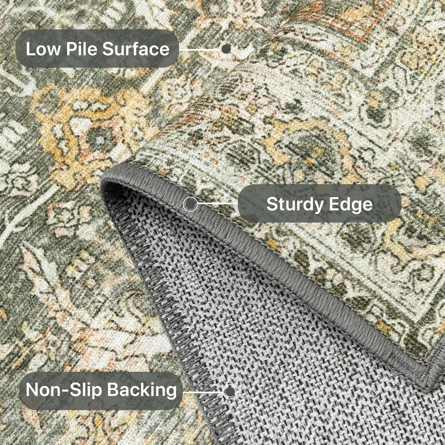 6X9 Area Rugs Machine Washable Rugs for Living Room, Vintage Boho Large Rugs for Bedroom Dining Room, Non Slip Indoor Soft Distressed Lightweight Thin Low Pile Carpet, Turmeric