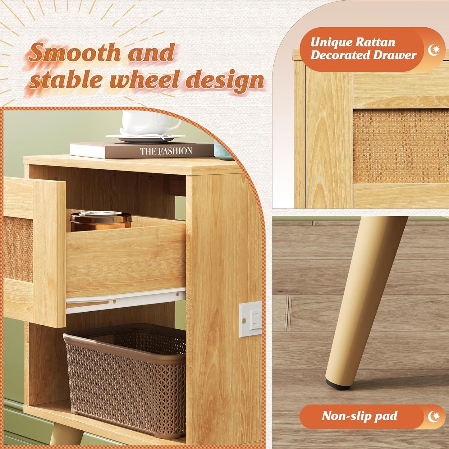 WLIVE Rattan Nightstands Set of 2 with Charging Station, Boho Nightstand, Wood Side Table, Small End Table with Drawers for Bedroom, Natural Oak