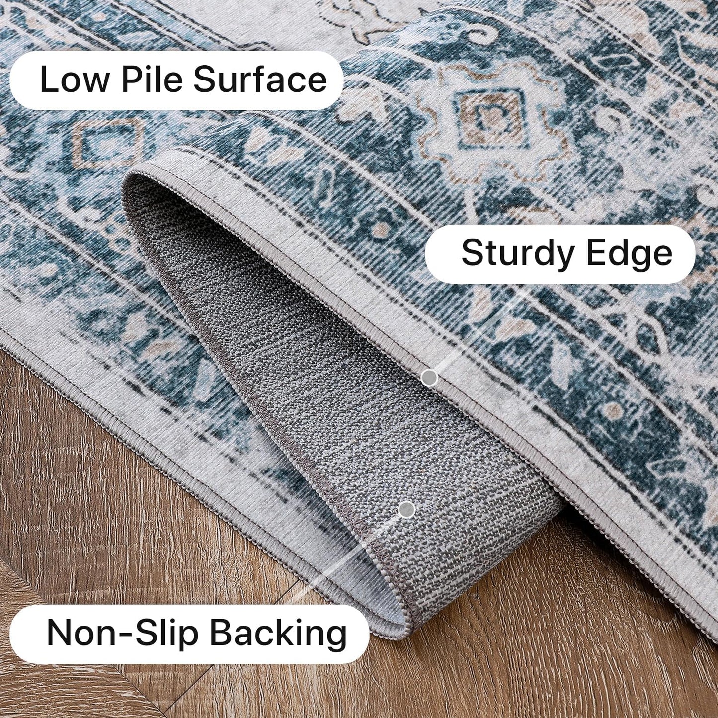 GENIMO 8x10 Area Rugs for Living Room, Machine Washable Non Slip Vintage Rugs, Low Pile Lightweigt Chenille Print Indoor Rug for Bedroom, Dining Room, Home Office, Blue