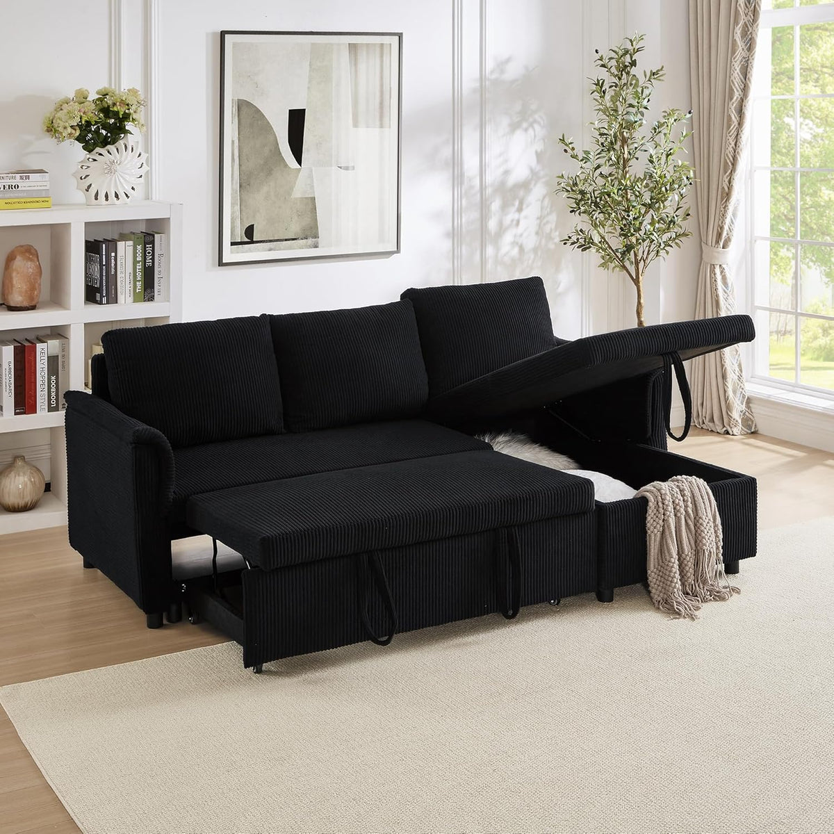 Ball & Cast L-Shape Reversible Sectional Sleeper Sofa Bed 4 in 1 Pull Out Couch with Storage Chaise&Removable Backrest,Convertible Sleeper Corner Couch Pull-Out Sofa Bed for Living Room,Corduroy,Black