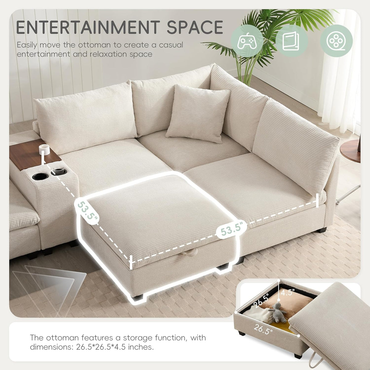 Merax 140'' Oversized Modular Sectional Sofa with Storage Ottoman and Console, Removable Storage Pockets, Cup Holder, Wide Seat, USB Charger, 6 Seat U Shaped Chenille Couch Set for Living Room, Beige