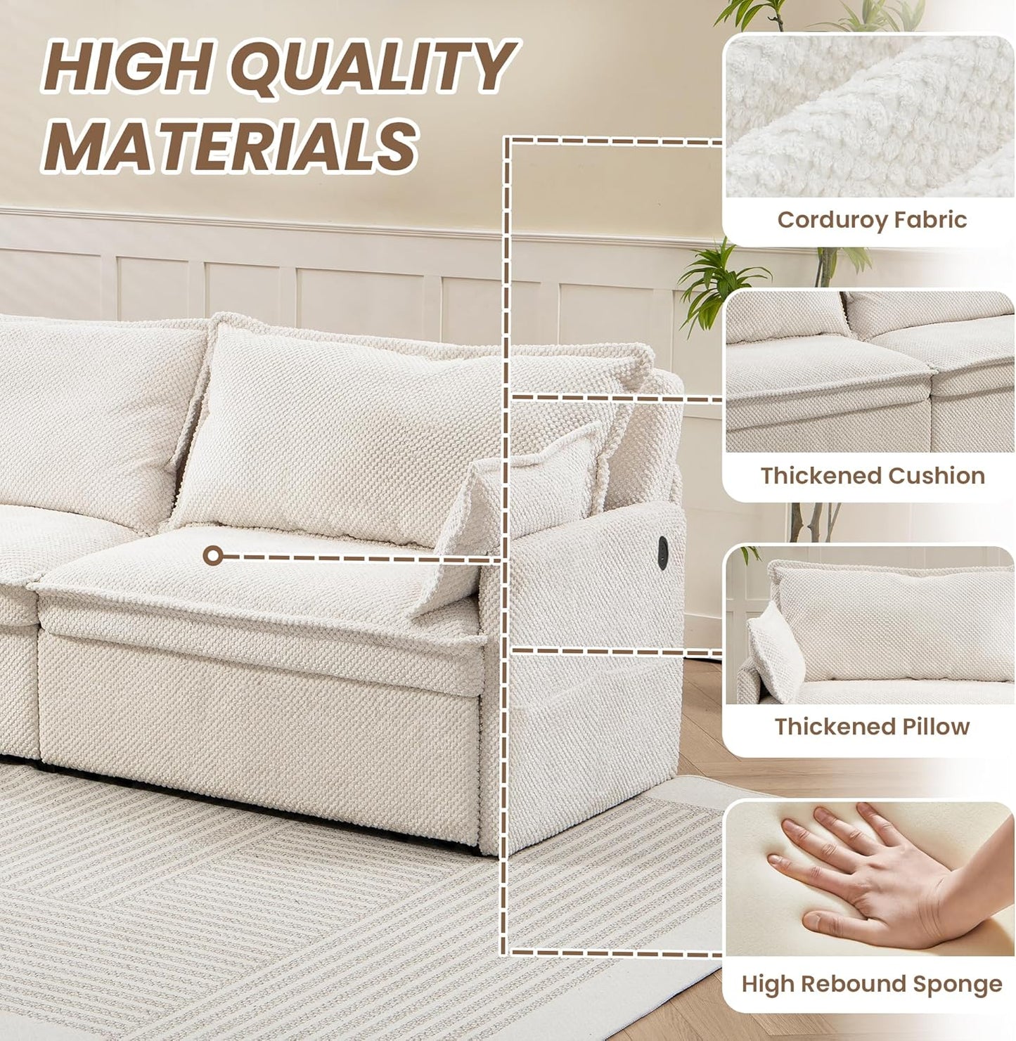 Furnimart 73.6" King Size Pull Out Sofa Bed, 3 in 1 Convertible Sleeper Bed with USB/C-Type Charging Ports & Side Pockets, Modern Futon Couch for Living Room, Apartment, Bedroom, Corduroy White