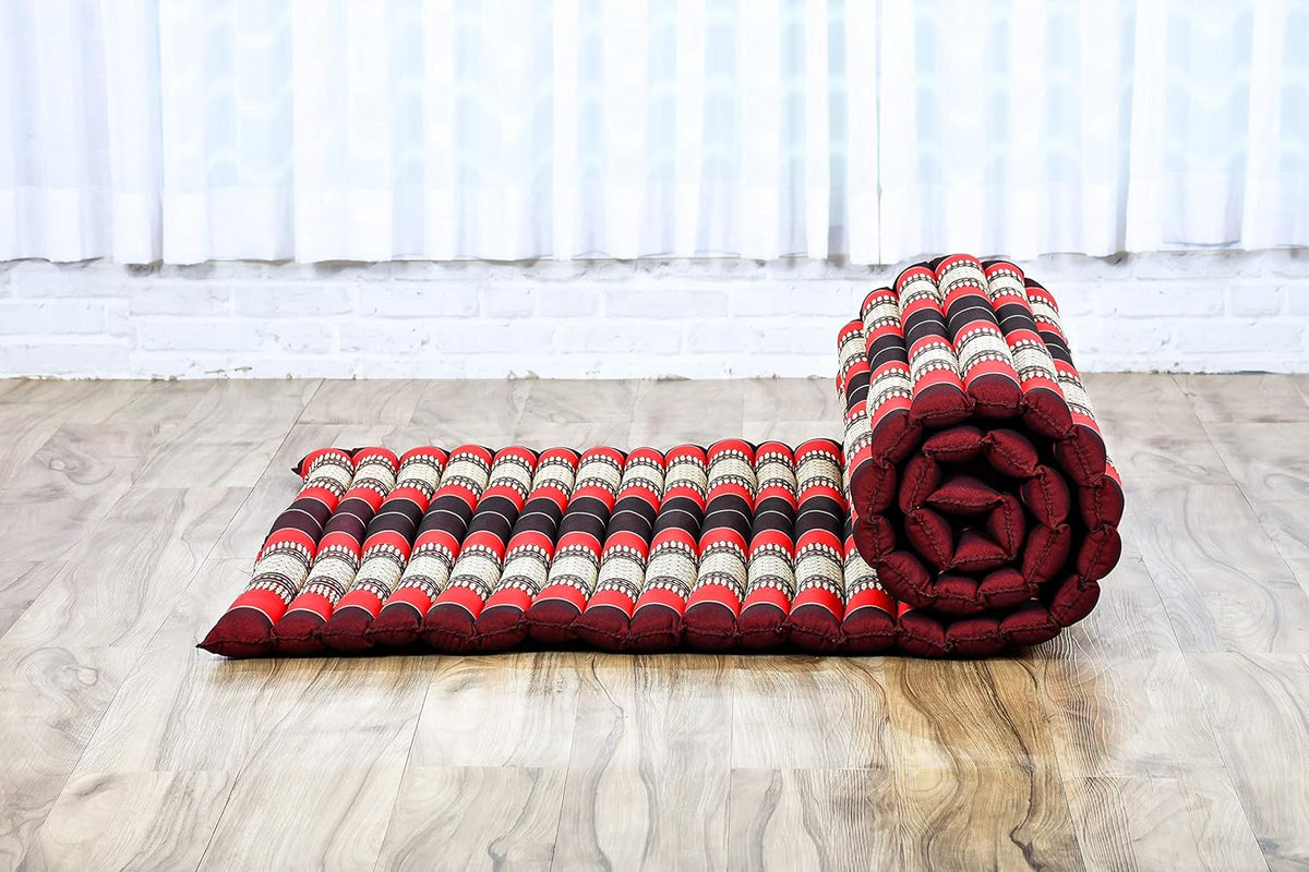 Leewadee - Kapok Roll Mat – Handcrafted Folding Sleep & Relaxation Mattress from Thailand, Ideal as Guest Bed, Camping Mat, Yoga Mat or Traditional Futon, 75 x 39 inches, Red