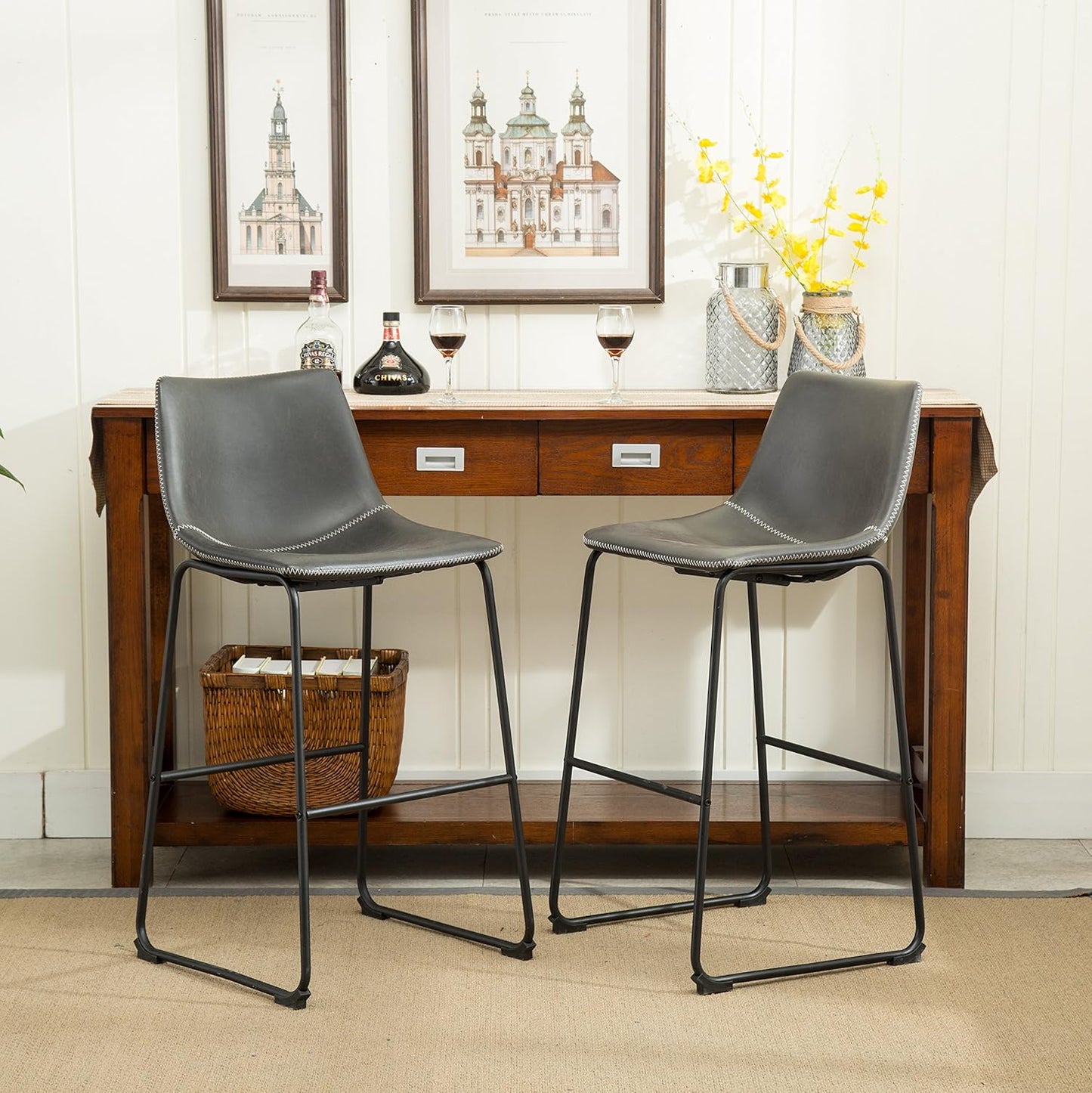 Roundhill Furniture Vintage PU Leather Bar Stools, Antique Gray, Set of 2