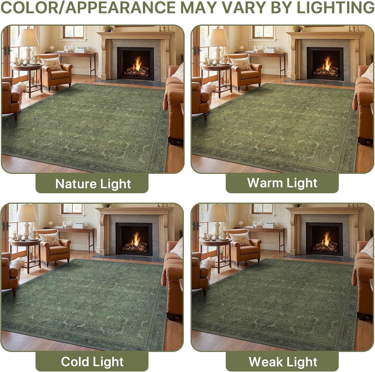 8X10 Area Rugs Machine Washable Rugs for Living Room, Vintage Boho Large Rugs for Bedroom Dining Room, Non Slip Indoor Soft Distressed Lightweight Thin Low Pile Carpet, Vivid Green