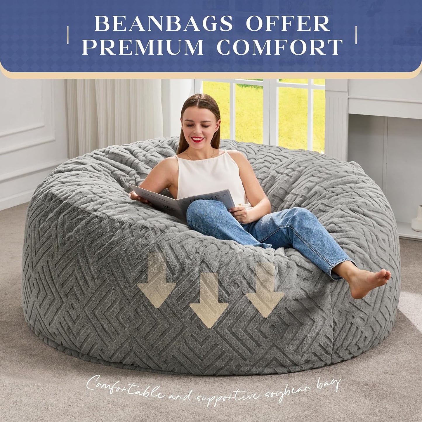 Hobestluk Bean Bag Chairs Adults Beanbag Chair with Filler Large Bean Bags with Fluffy Embossed Cover, Giant Bean Bag Chairs for Adults (Grey, 5FT - 50” x 50” x 24”)
