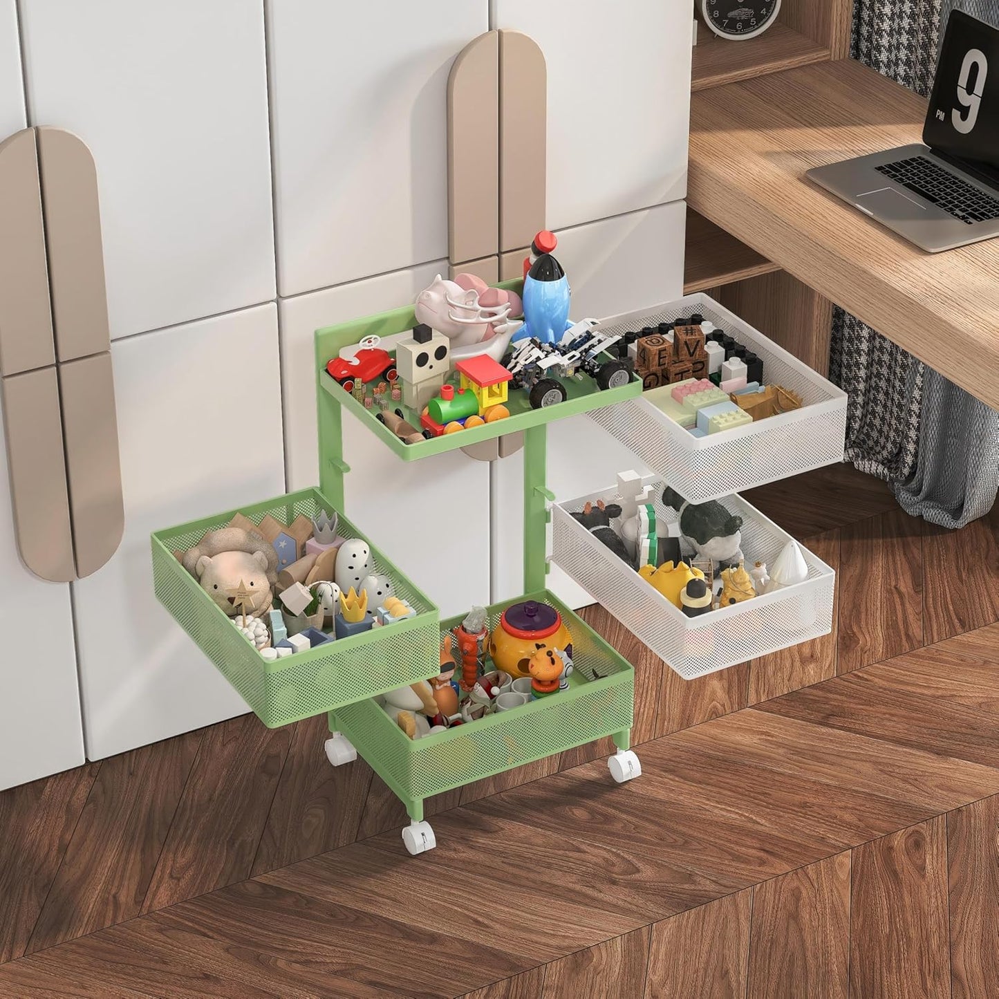 Fruit Basket for Kitchen No Assembly 4-Tier Rotating Storage Rack, Vegetable Storage Cart,Bathroom Shelf,Storage Drawer Cart,Kitchen Organizers and Storage Cart(Green White, 4 Tier-Square)