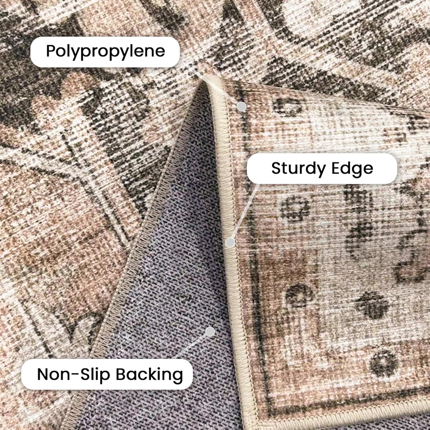 GENIMO 6x9 Area Rugs for Living Room, Machine Washable Non Slip Vintage Retro Rugs, Low Pile Lightweight Thin Print Rug for Bedroom, Dining Room, Home Office, Brownishi Drab