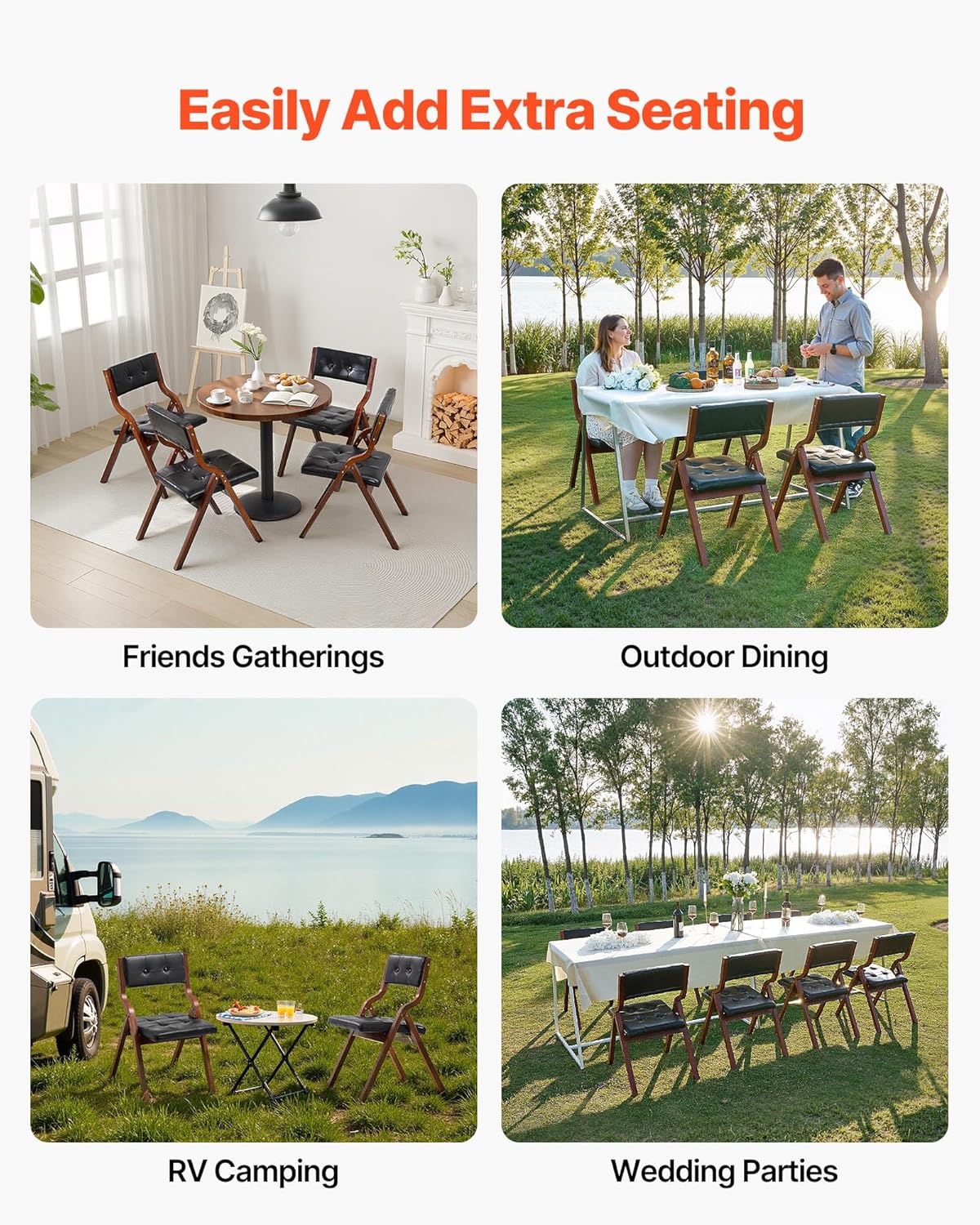 VEVOR Wooden Folding Chairs with Leather Cushion, Set of 2, Portable Foldable Cushion Chair with Wooden Frame, Easy Assembly, Modern Leather Padded Dining Chair for Office, Wedding, Party, Home, Black