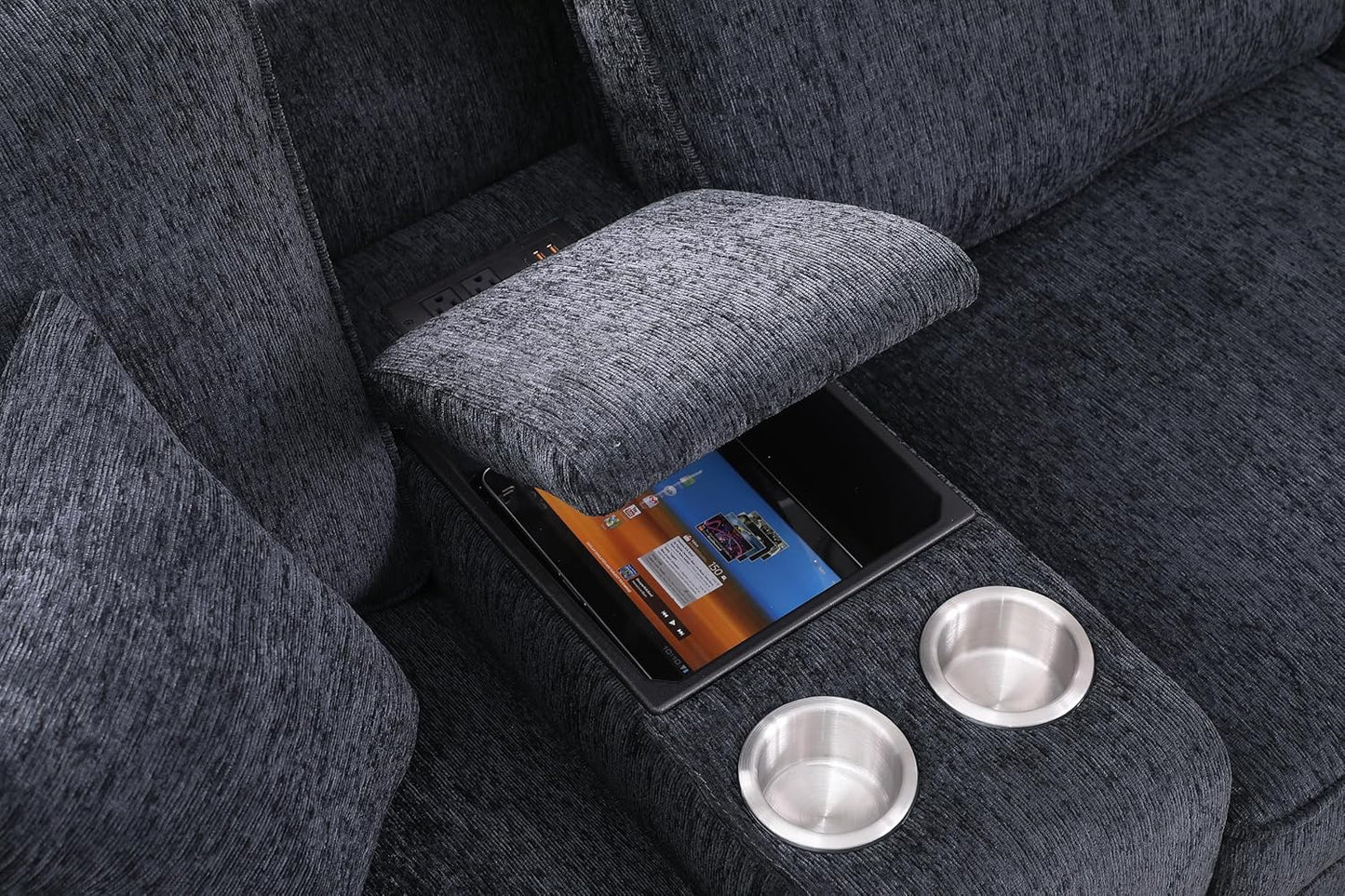 L-Shaped Sectional Couch for Living Room with Movable Ottoman&6 Throw Pillows,7 Seat Chenille Upholstered Sofa W/2 Cup Holder,USB Port&Hidden Storage Box,DIY Combination,Apartment,Dark Gray,127"