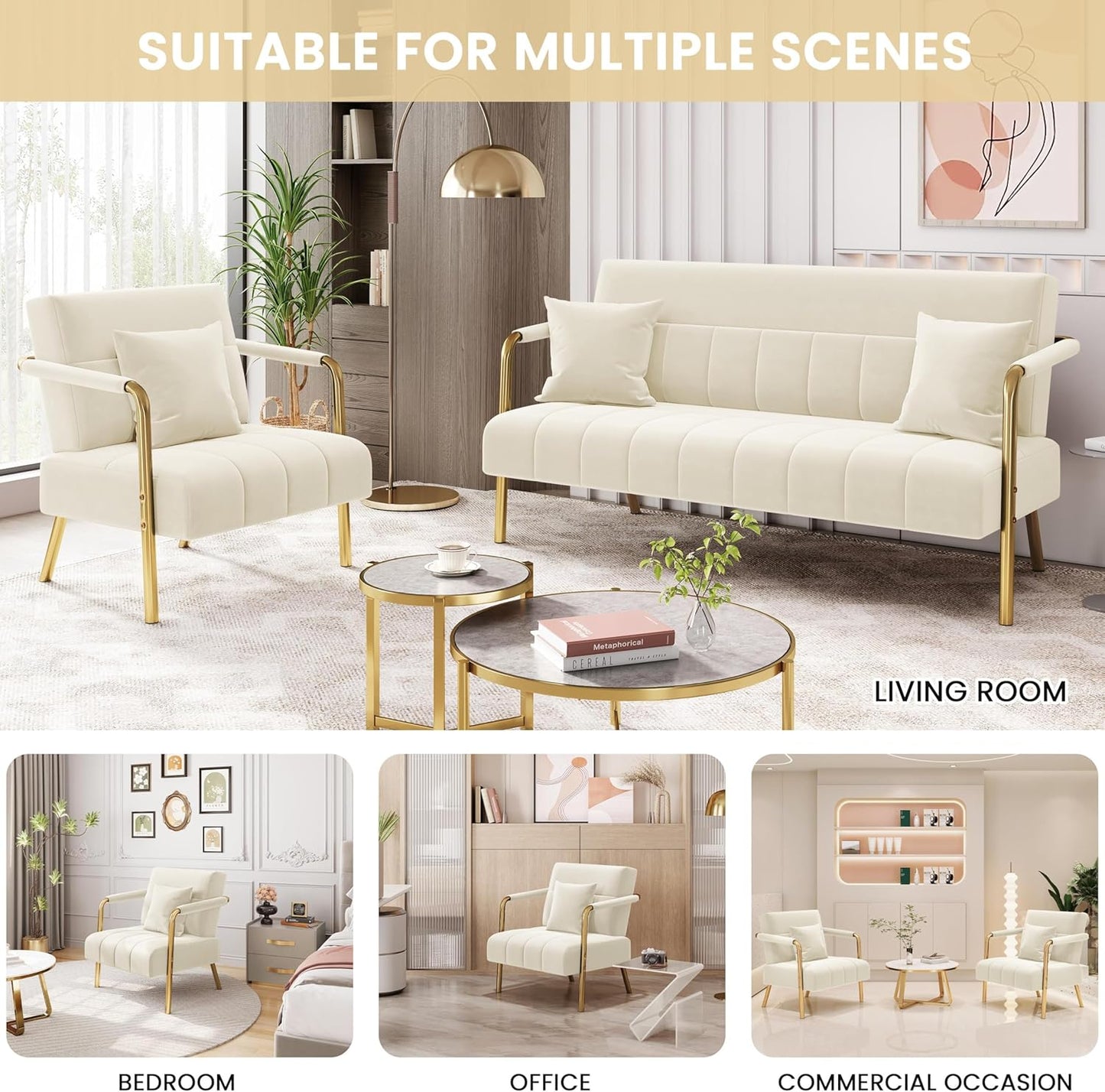 Yaheetech 30" W Modern Sofa Small Sofa Luxurious Velvet Fabric Couch with Gold-Tone Metal Arms and Legs for Living Room, Home Office, Studio Beige