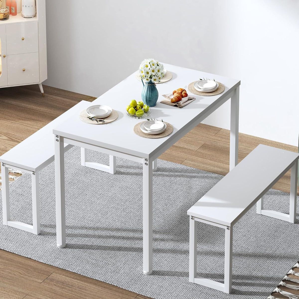 Soges Industrial Style White Dining Table Set for 4, 3 Piece Rectangular Wooden Table and Long Benches, Kitchen and Dining Room Set