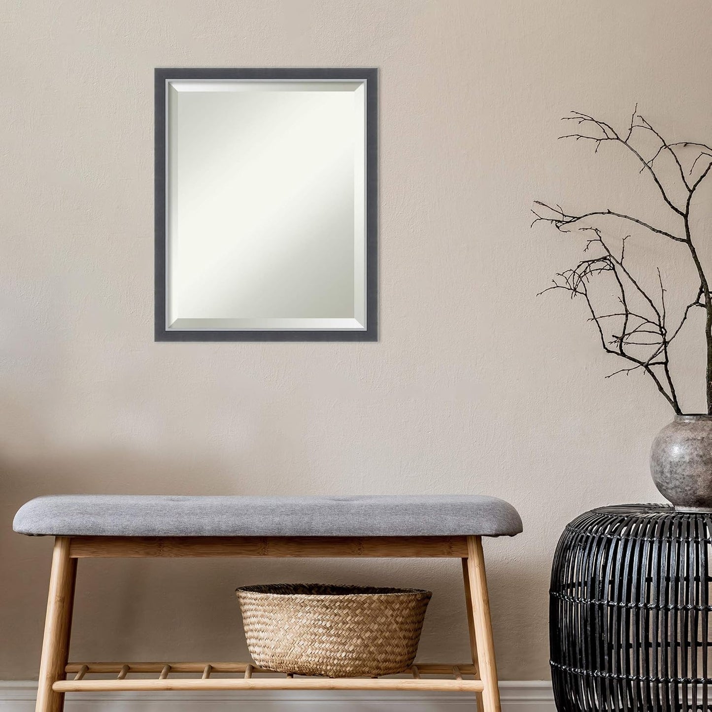 Amanti Art Black Bathroom Mirror for Over Sink, 22x18 Eva Black Silver Thin Rectangle Vanity Mirror, Small Modern Contemporary Frame, Hangs Horizonally and Vertically, Bathroom Wall Decor, Beveled