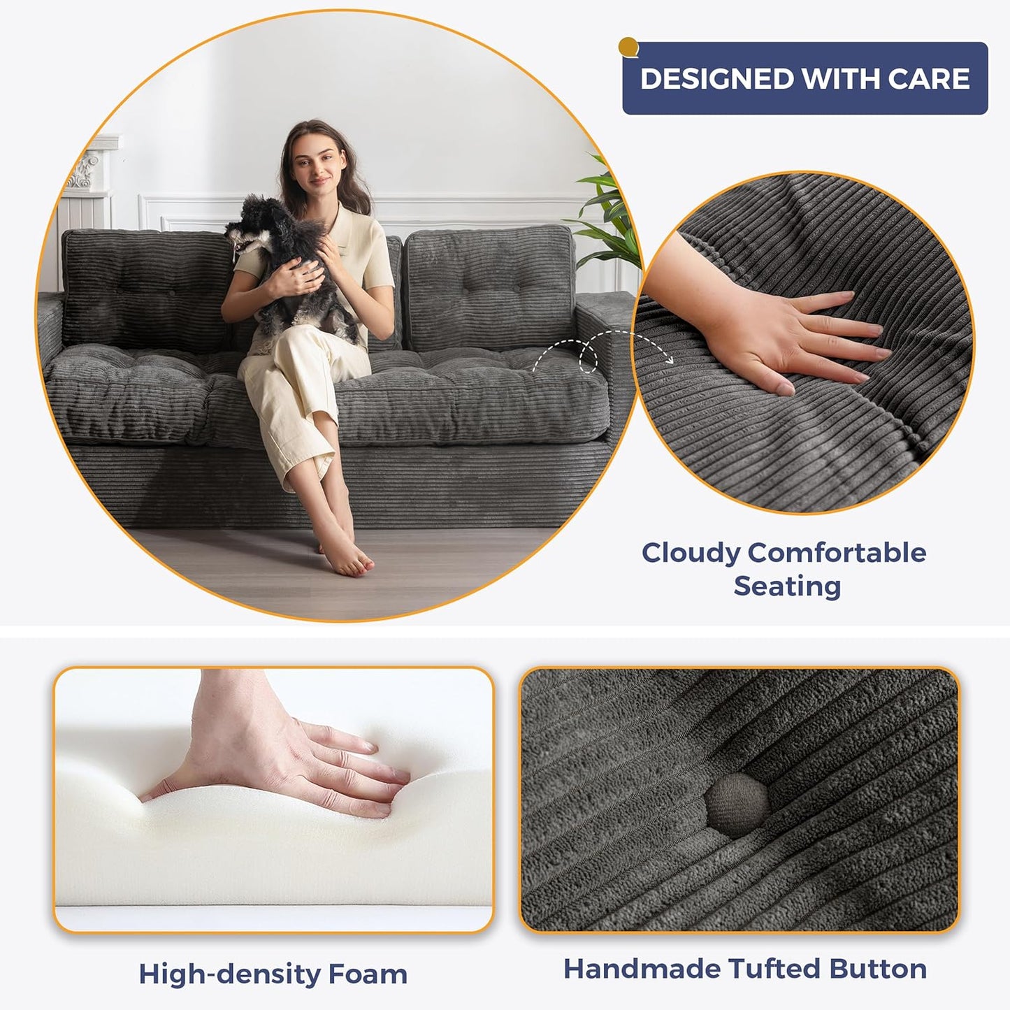 MAXYOYO 3 Seater Couch for Living Room, Boneless Couch with Tufted Cushion & Backrest, Upholstered Floor Sofa with Armrests, Sofa in A Box, No Assembly Required, Dark Grey