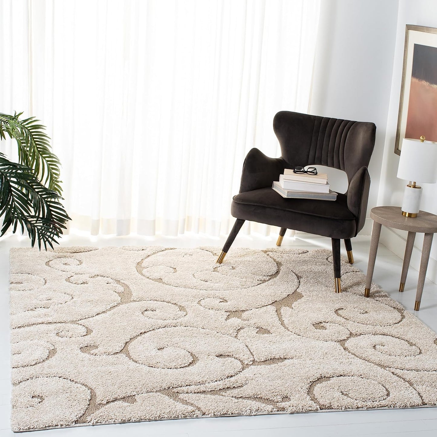 SAFAVIEH Florida Shag Collection Area Rug - 10' Square, Cream & Beige, Scroll Design, Non-Shedding & Easy Care, 1.2-inch Thick Ideal for High Traffic Areas in Living Room, Bedroom (SG455-1113)