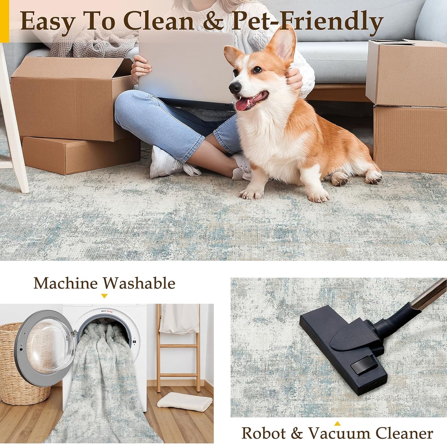 8x10 Washable Area Rug Blue Cream Modern Neutral Abstract Living Room Bedroom Indoor Floor Carpet Low Pile Soft Non-Slip Lightweight Vacuumable Large Throw Rug for Nursery Dining Room