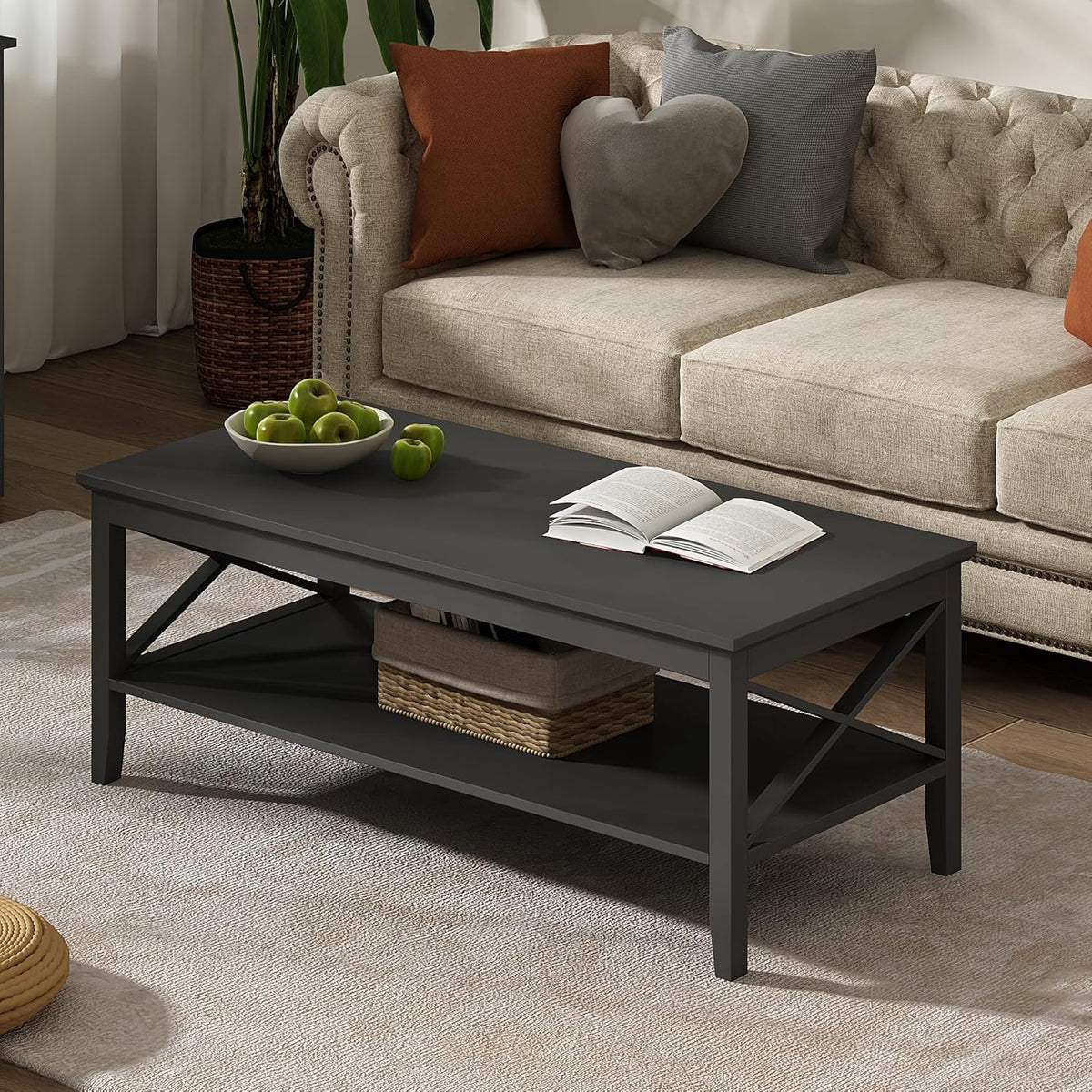 ChooChoo Coffee Table with Thicker Legs, Black Wood Coffee Table with Storage for Living Room, 47 inch