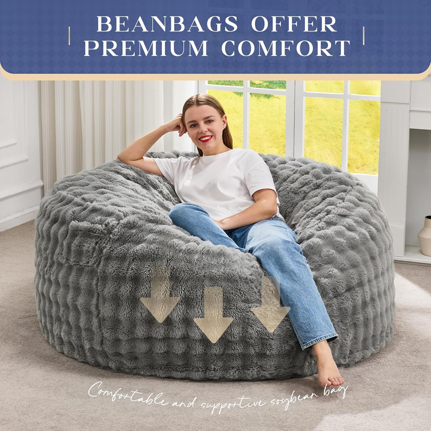 Hobestluk Bean Bag Chairs 4ft Beanbag Chair with Filler Adult Bean Bags with Fluffy & Machine Washable Cover, Giant Bean Bag Chairs for Adults (Grey, 4FT-44" x 44" x 24")