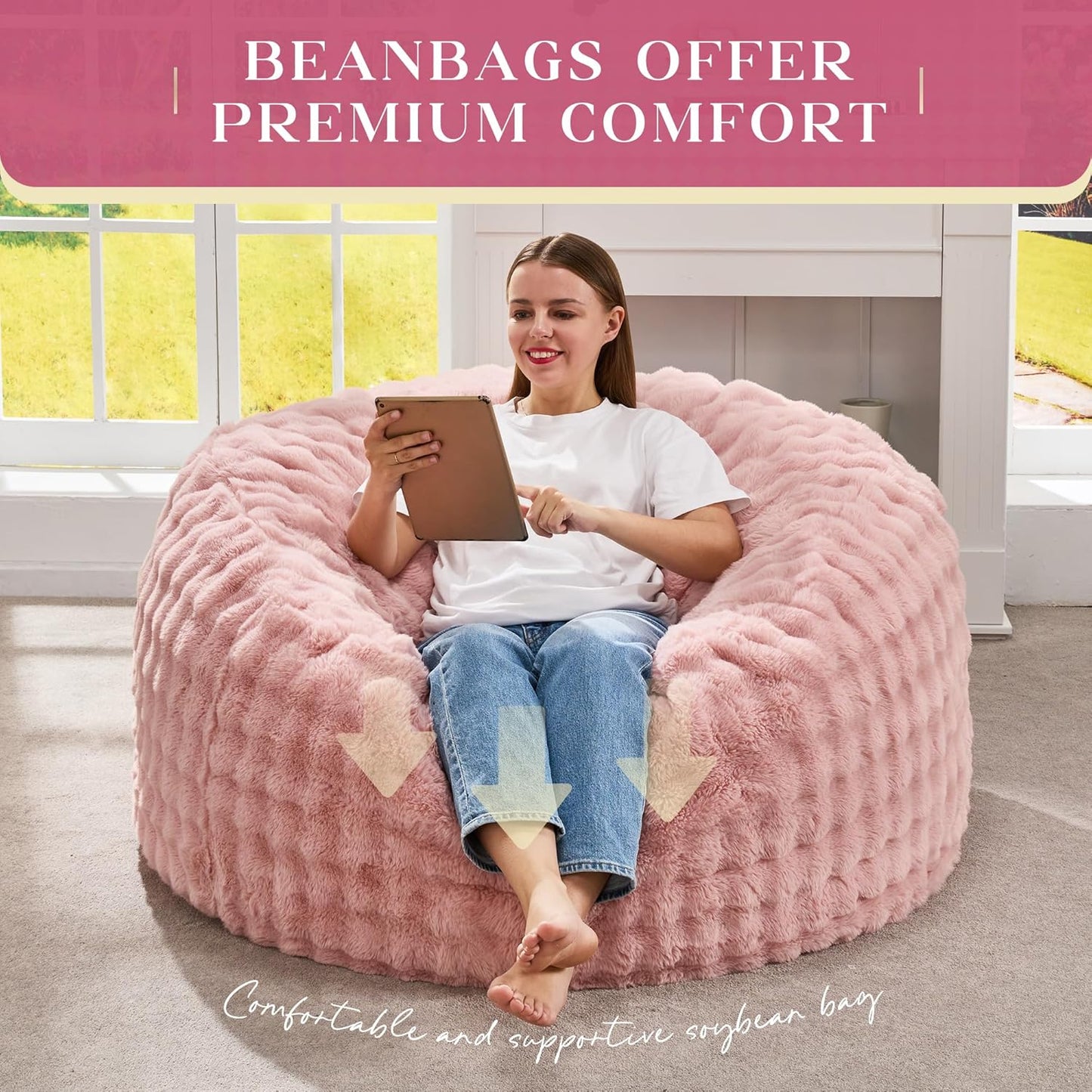 Hobestluk Bean Bag Chairs Beanbag Chair with Filler Adult Bean Bags with Fluffy & Machine Washable Cover, Giant Bean Bag Chairs for Adults (Pink, 3FT-36" x 36" x 22")